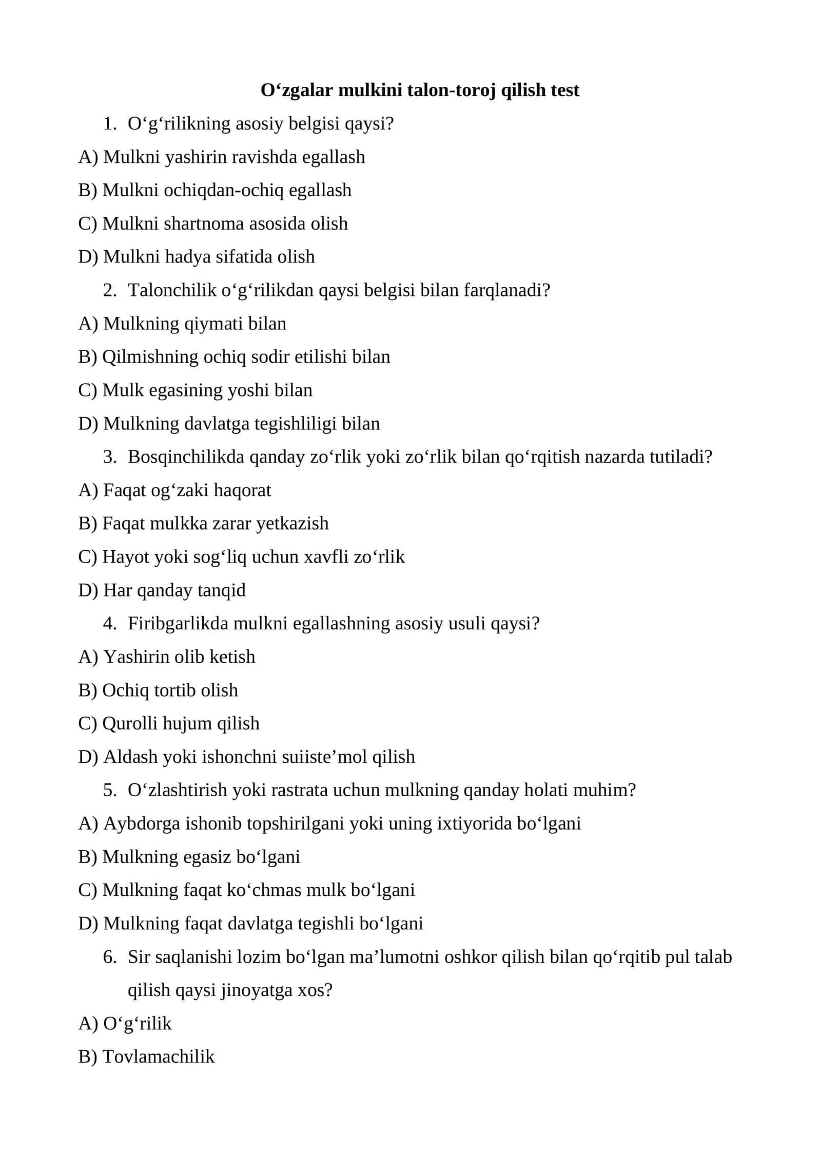O‘zgalar mulkini talon-toroj qilish test 1