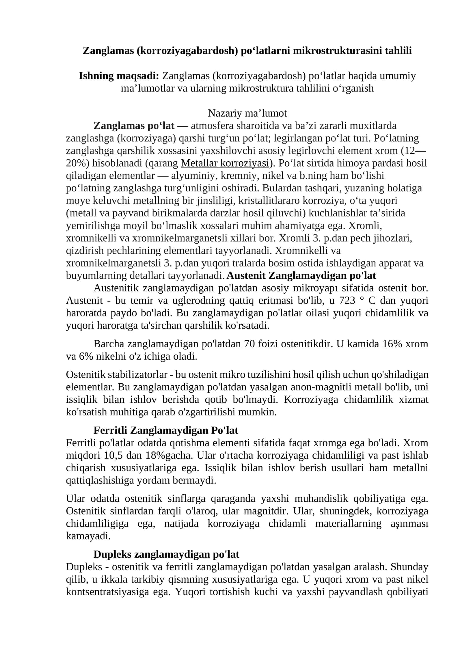 Zanglamas (korroziyagabardosh) po‘latlarni mikrostrukturasini tahlili 1