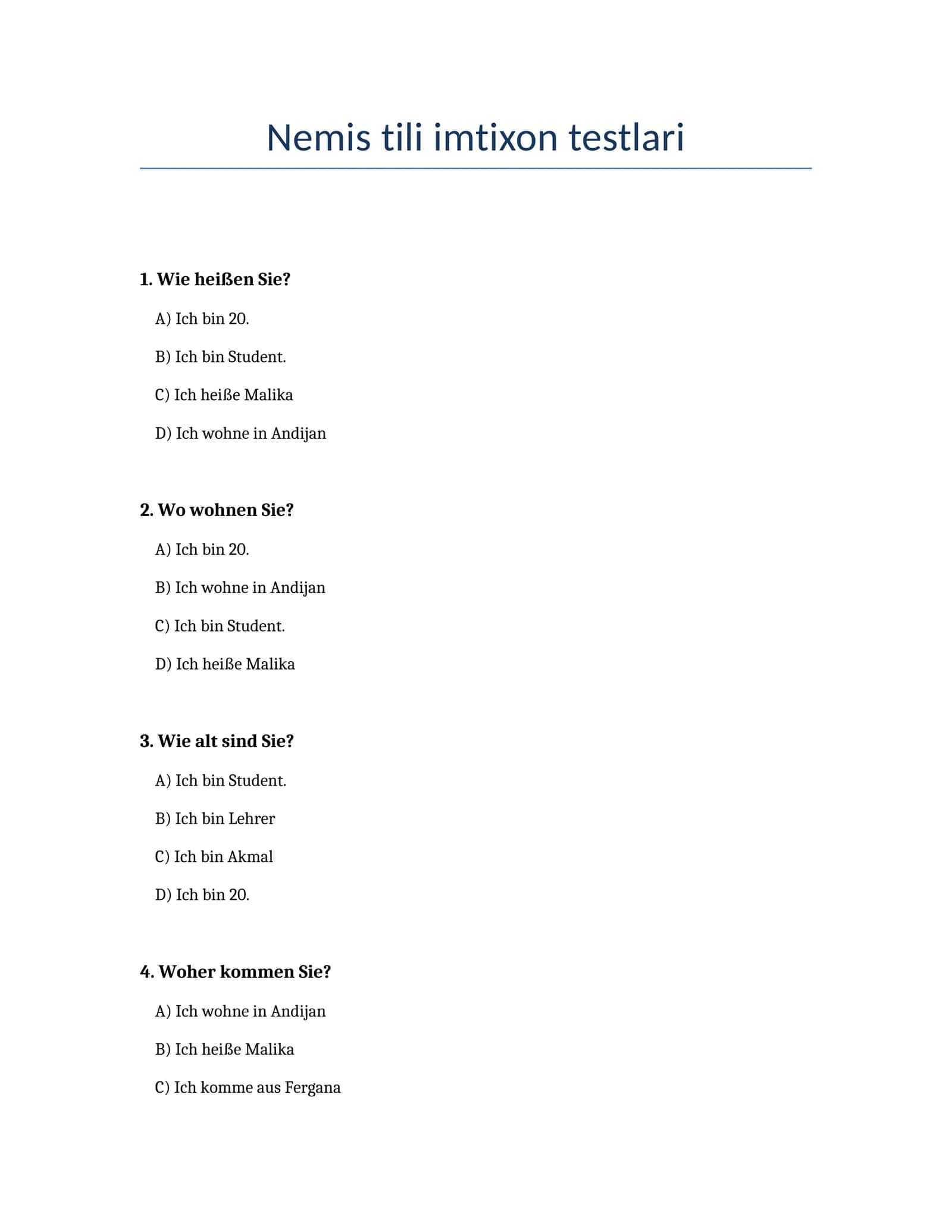 Nemis tili imtixon testlari 1