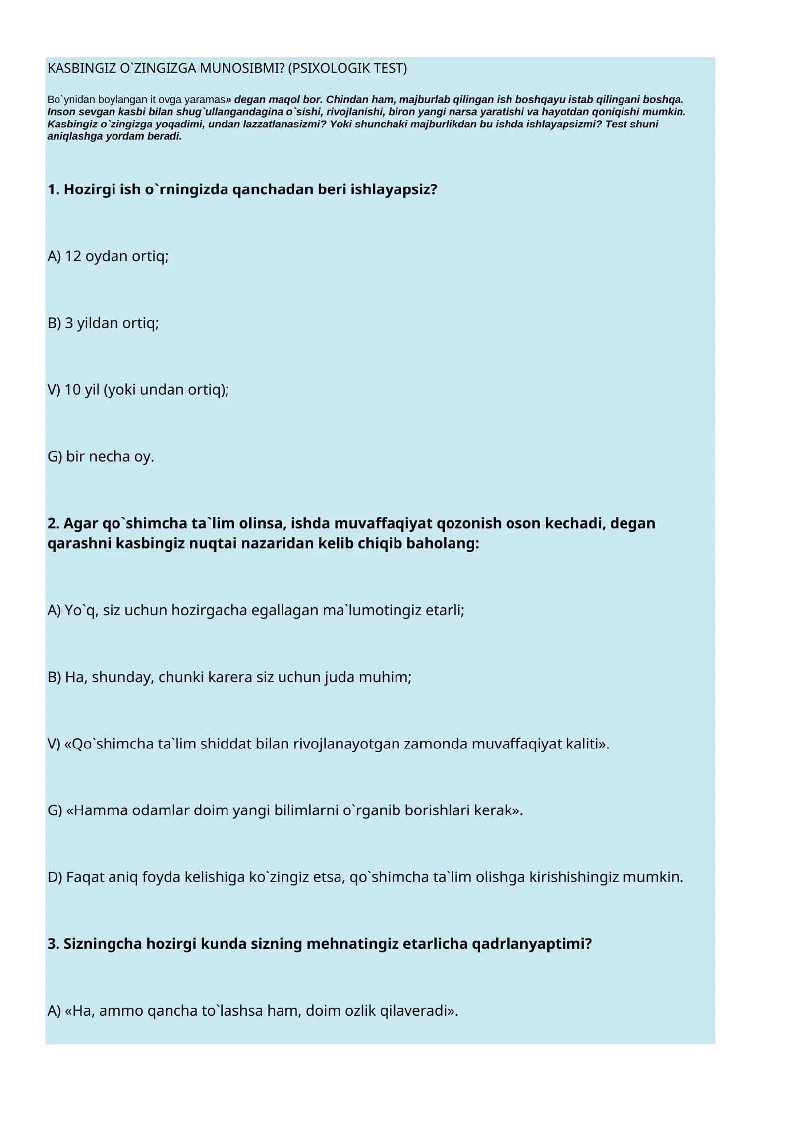 KASBINGIZ O`ZINGIZGA MUNOSIBMI? (PSIXOLOGIK TEST) 1