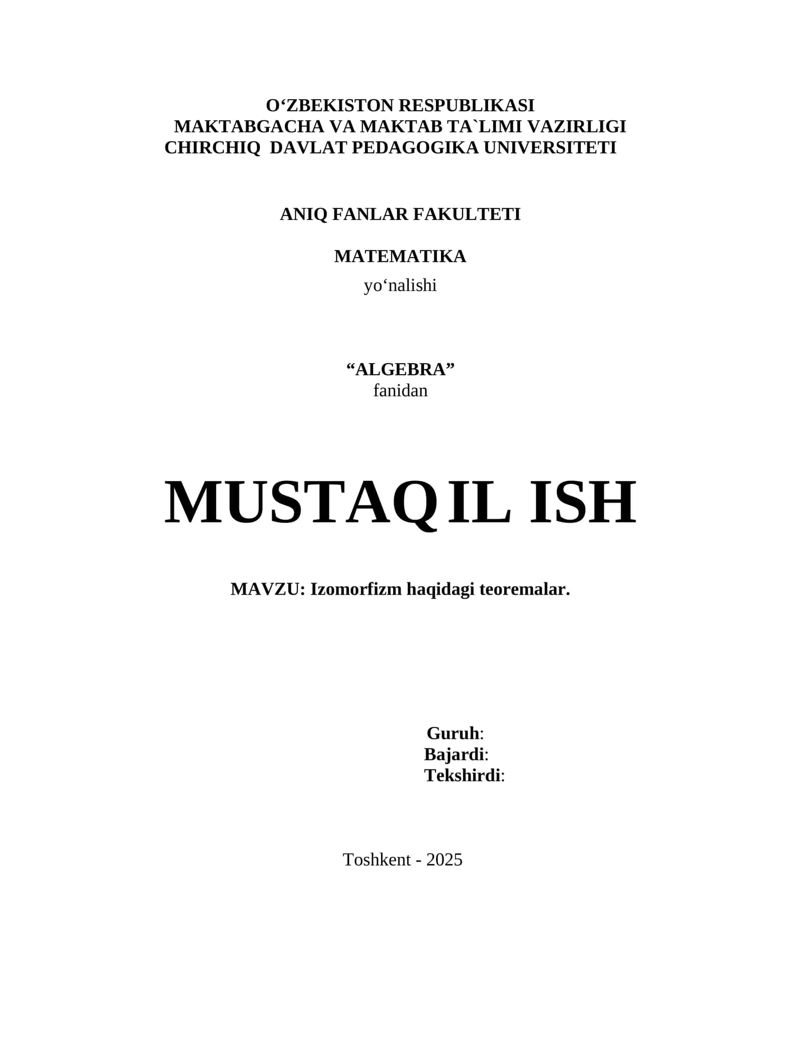 Izomorfizm haqidagi teorema | Algebra fanidan tayyor mustaqil ish 1