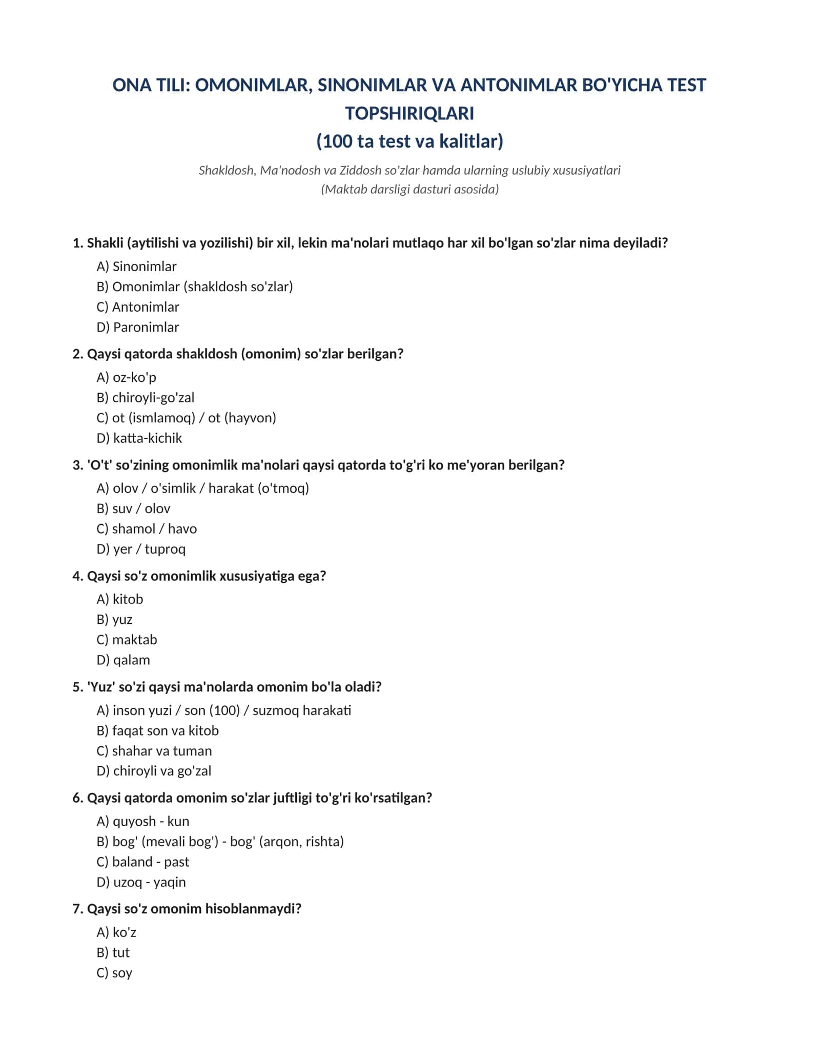 ONA TILI: OMONIMLAR, SINONIMLAR VA ANTONIMLAR BO'YICHA TEST  TOPSHIRIQLARI (100 ta test va kalitlar) 1