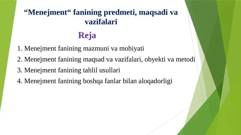 “Menejment“ fanining predmeti, maqsadi va vazifalari 1