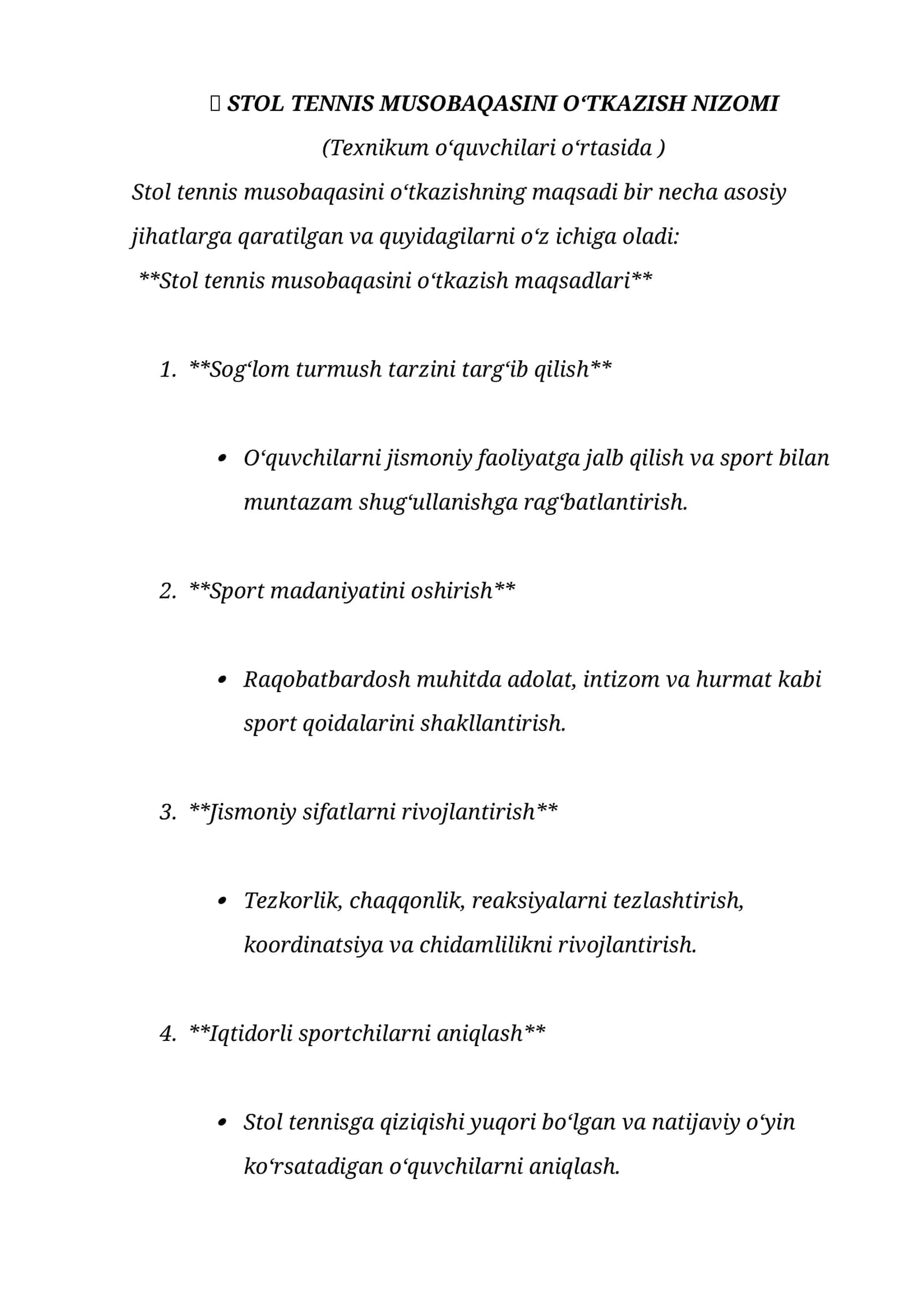 STOL TENNIS MUSOBAQASINI O‘TKAZISH NIZOMI 1