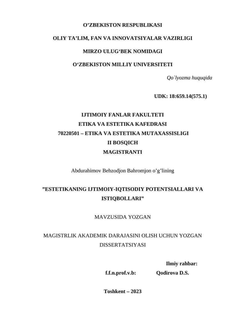 "ESTETIKANING IJTIMOIY-IQTISODIY POTENTSIALLARI VA ISTIQBOLLARI" 1