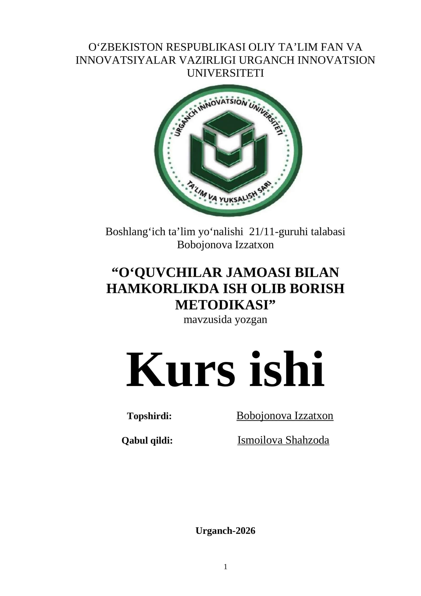 O‘QUVCHILAR JAMOASI BILAN HAMKORLIKDA ISH OLIB BORISH METODIKASI 1