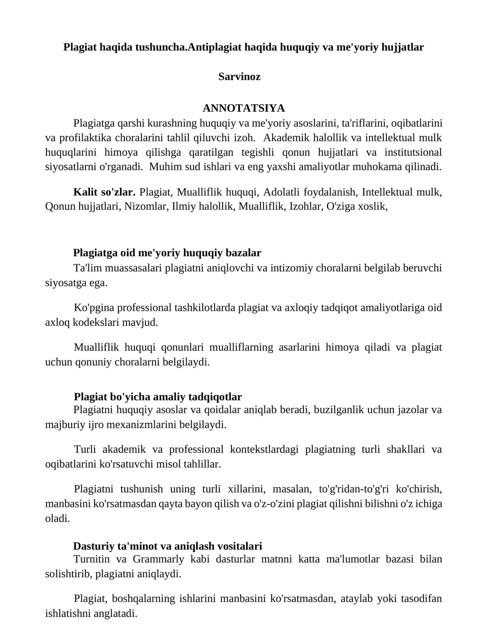 Plagiat haqida tushuncha.Antiplagiat haqida huquqiy va me'yoriy hujjatlar 1