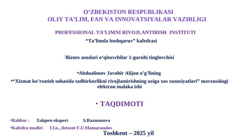 "Biznes asoslari o‘qituvchilar 1-guruhi tinglovchisi" 1
