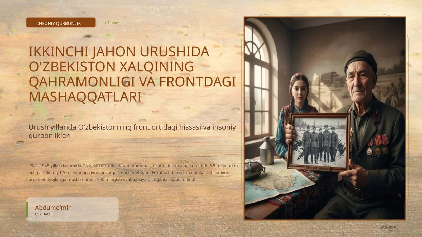 Urush yillarida O'zbekistonning front ortidagi hissasi va insoniy qurbonliklari 1