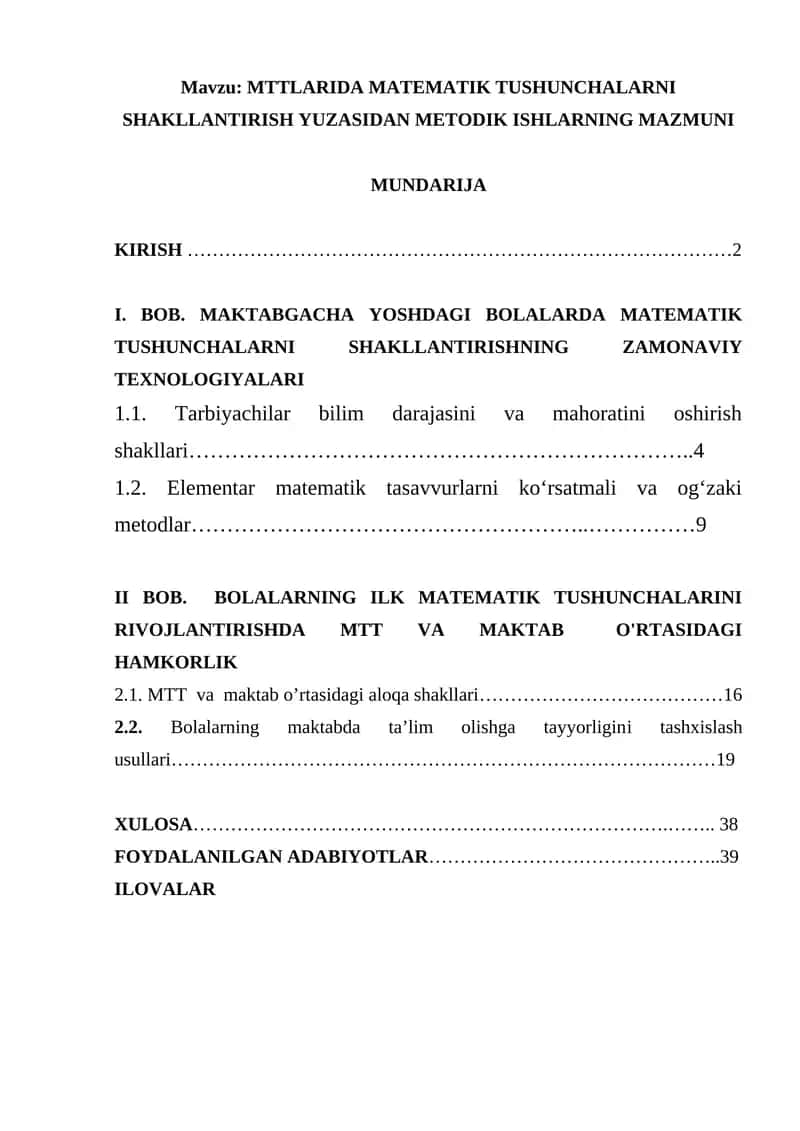 MTTLARIDA MATEMATIK TUSHUNCHALARNI SHAKLLANTIRISH YUZASIDAN METODIK ISHLARNING MAZMUNI 1