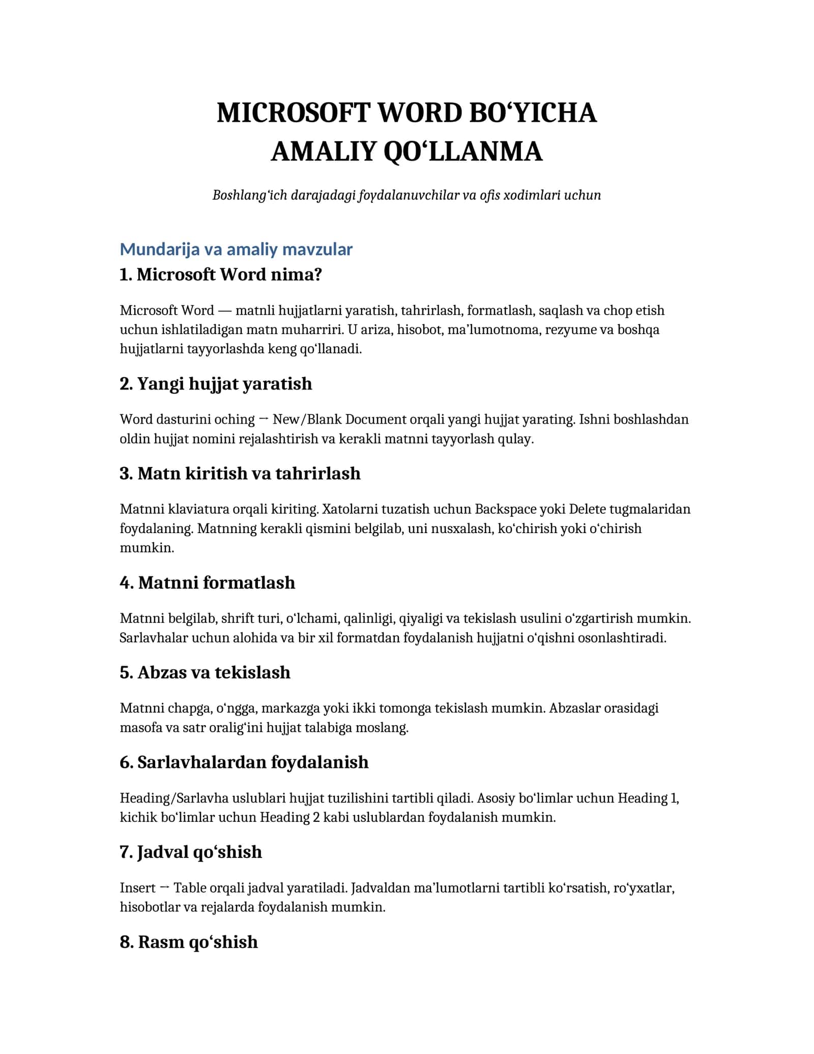 MICROSOFT WORD BO'YICHA AMALIY QO'LLANMA 1
