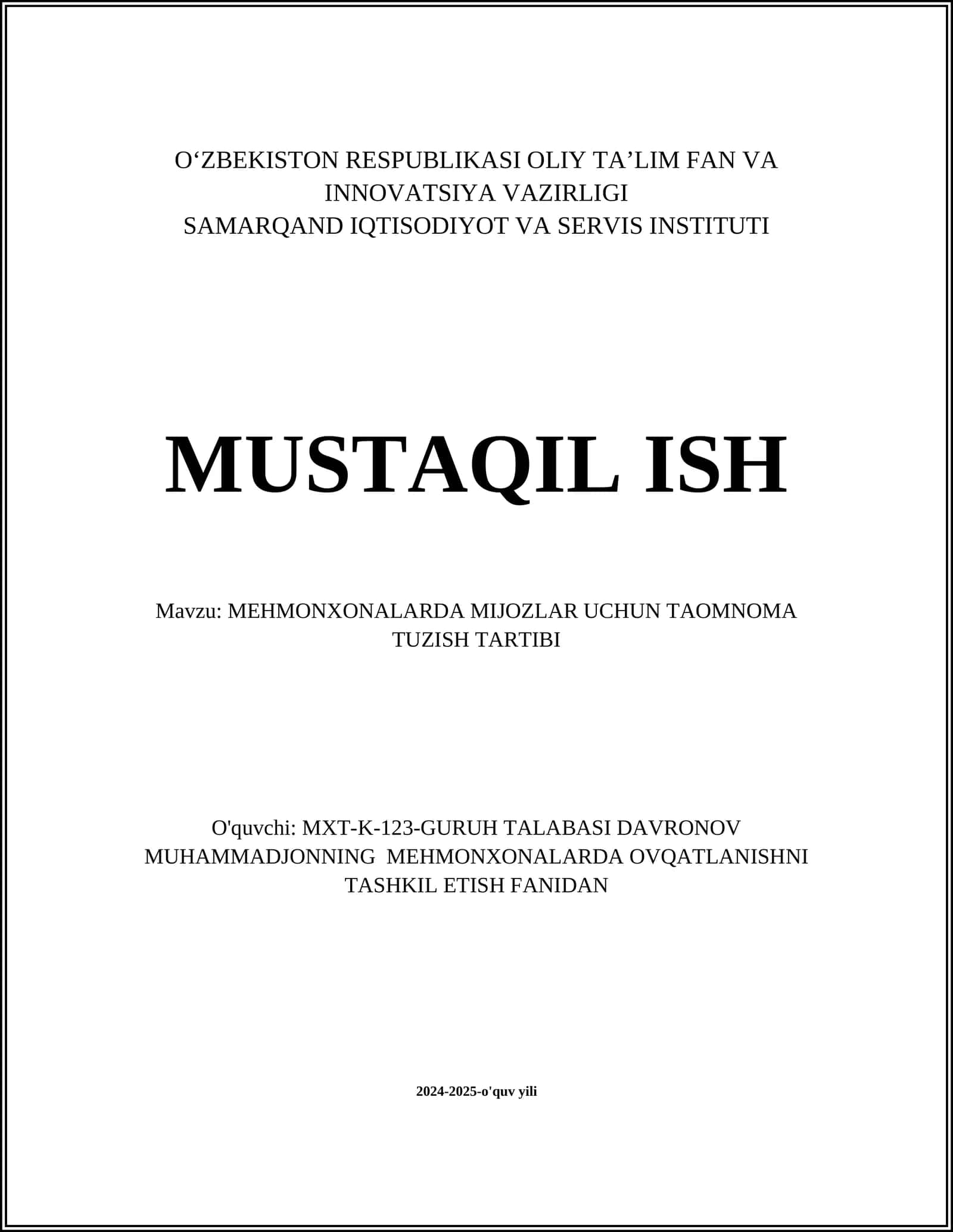 MEHMONXONALARDA MIJOZLAR UCHUN TAOMNOMA TUZISH TARTIBI 1