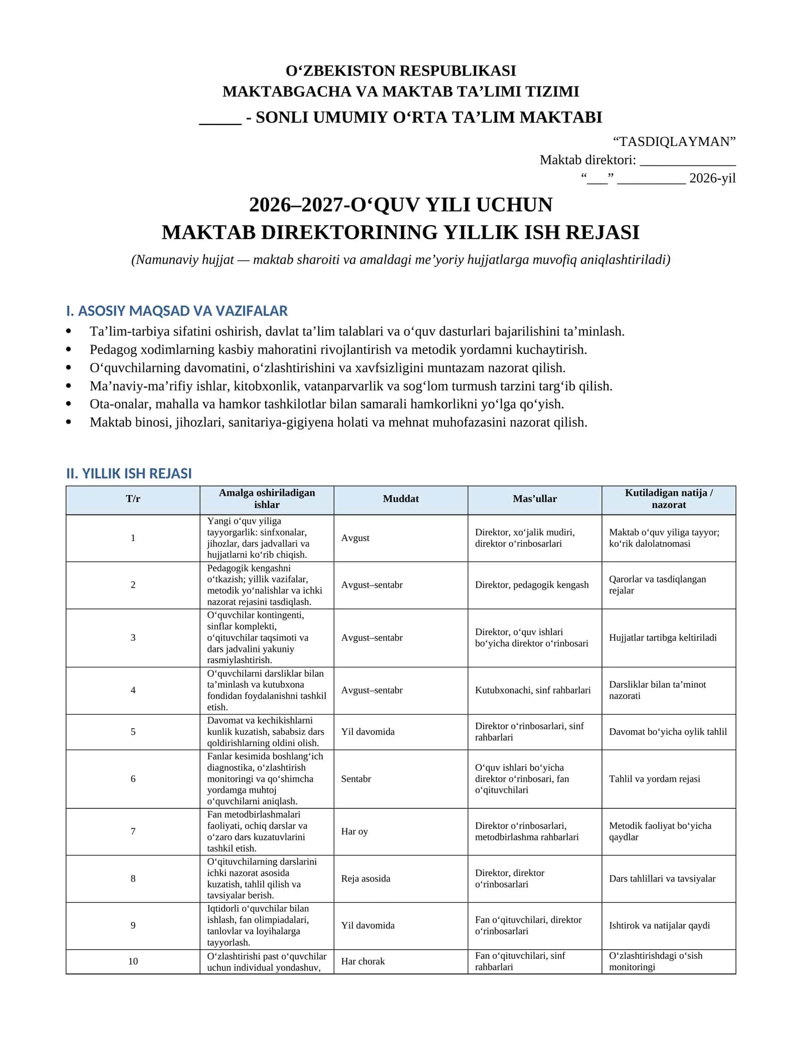 Maktab direktorining 2026–2027-o‘quv yili uchun yillik ish rejasi 1