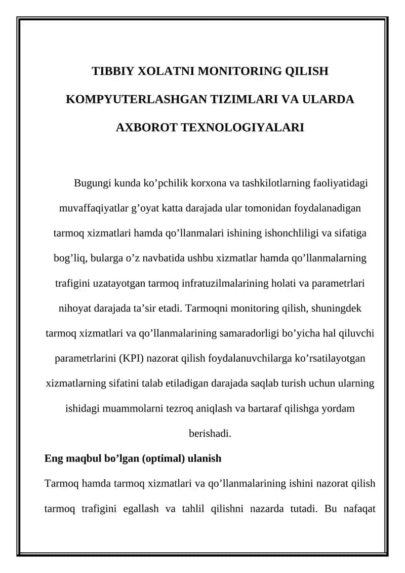 TIBBIY XOLATNI MONITORING QILISH KOMPYUTERLASHGAN TIZIMLARI VA ULARDA AXBOROT TEXNOLOGIYALARI 1
