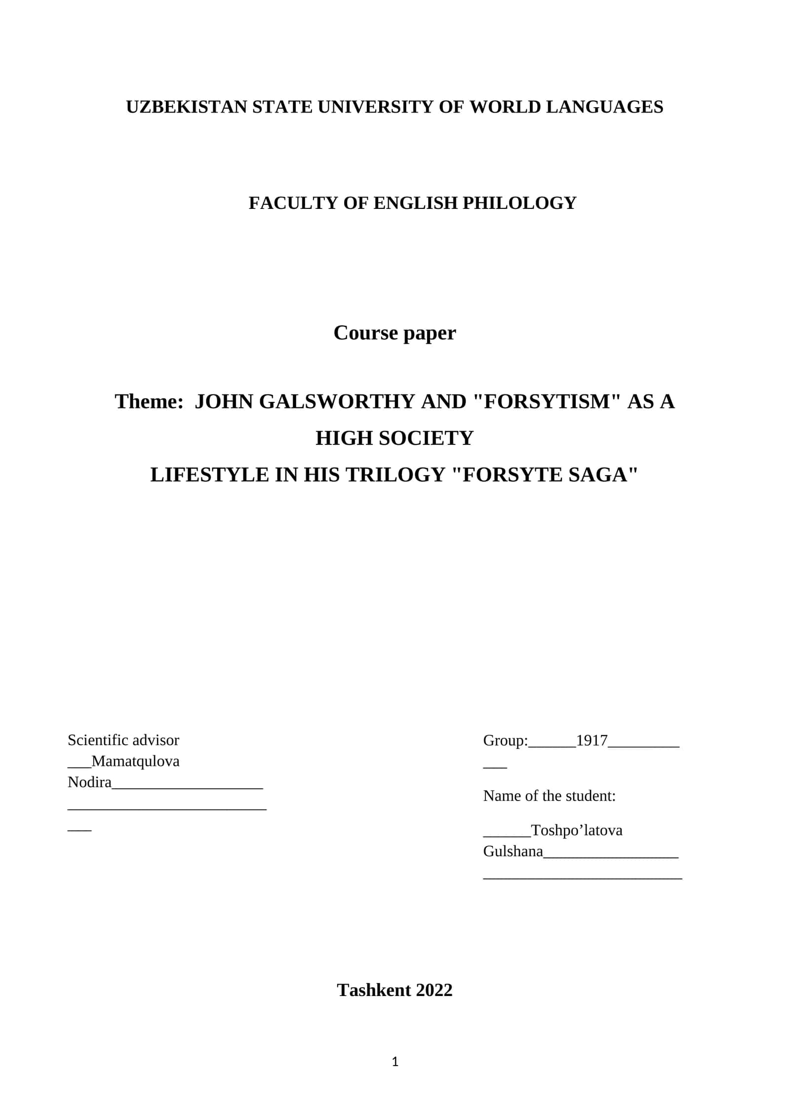 JOHN GALSWORTHY AND "FORSYTISM" AS A HIGH SOCIETY LIFESTYLE IN HIS TRILOGY "FORSYTE SAGA" 1