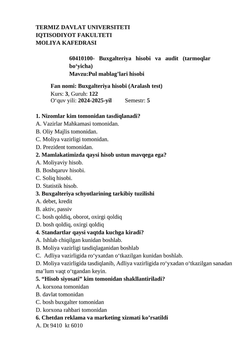 Buxgalteriya hisobi (Aralash test) 1