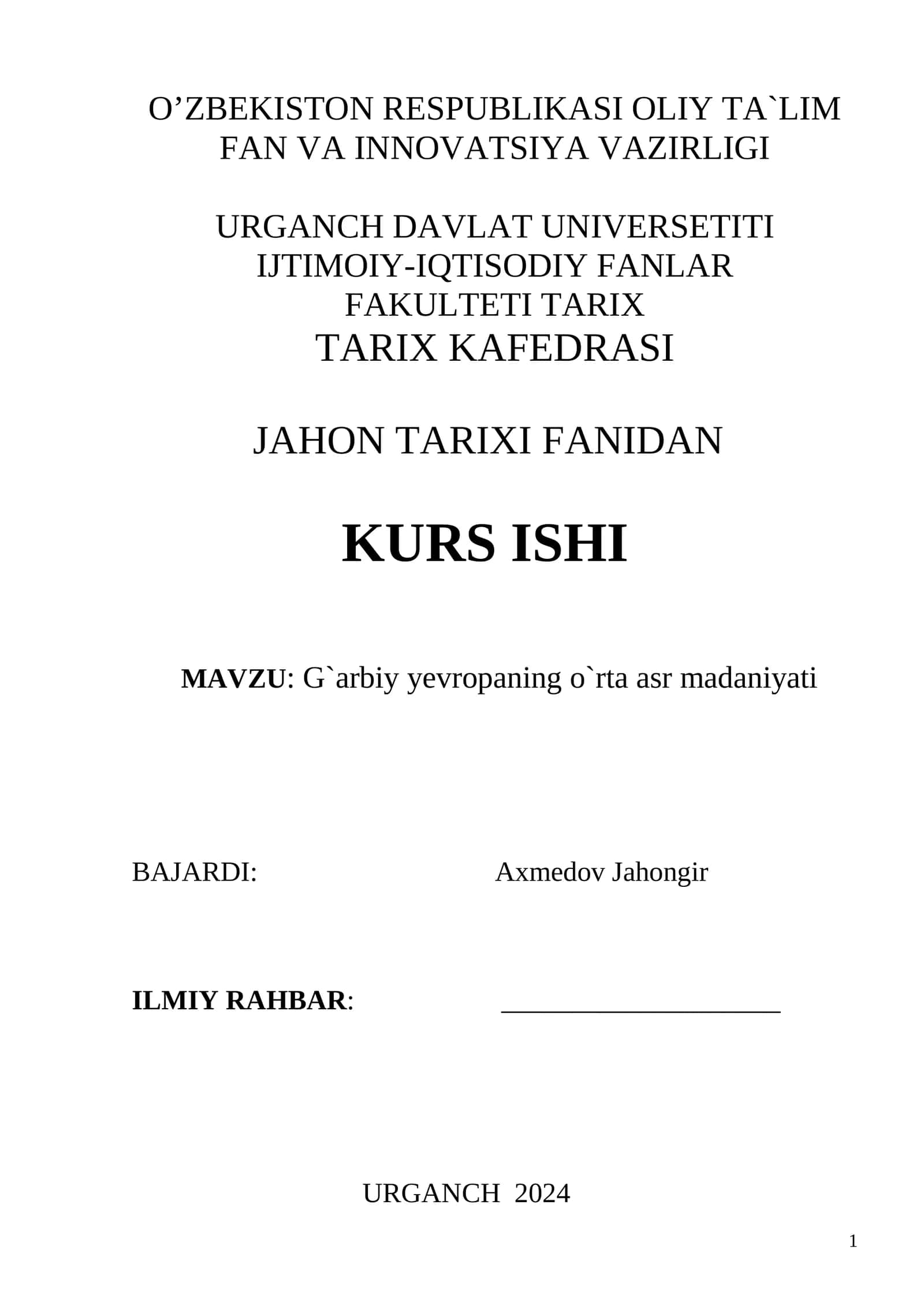G`arbiy yevropaning o`rta asr madaniyati 1