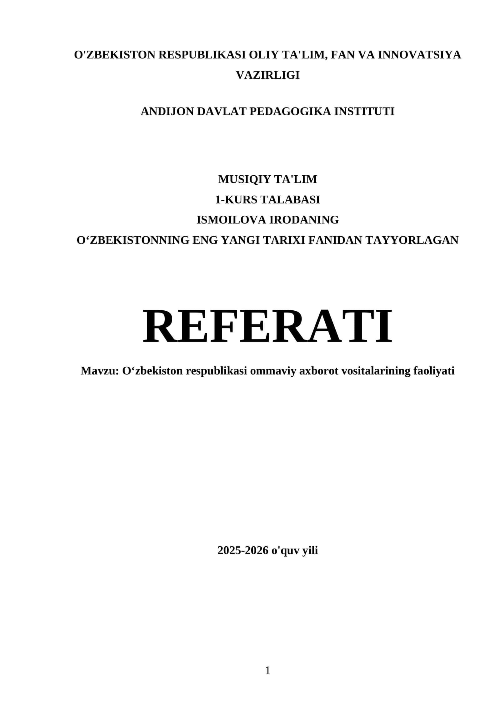 Oʻzbekistonning ENG YANGI TARIXI FANIDAN TAYYORLAGAN REFERATI 1