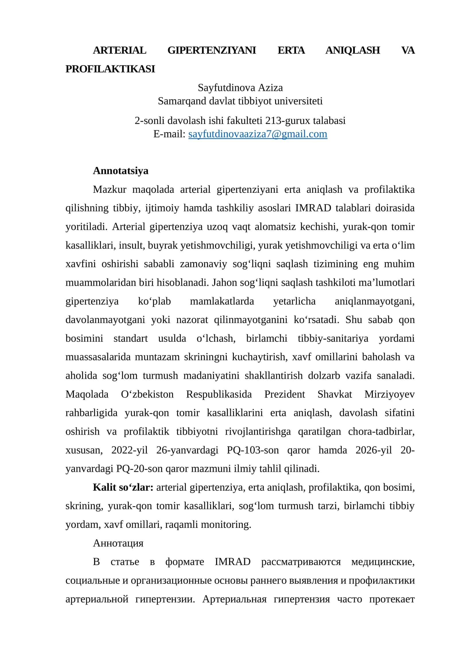ARTERIAL GIPERTENZIYANI ERTA ANIQLASH VA PROFILAKTIKASI 1