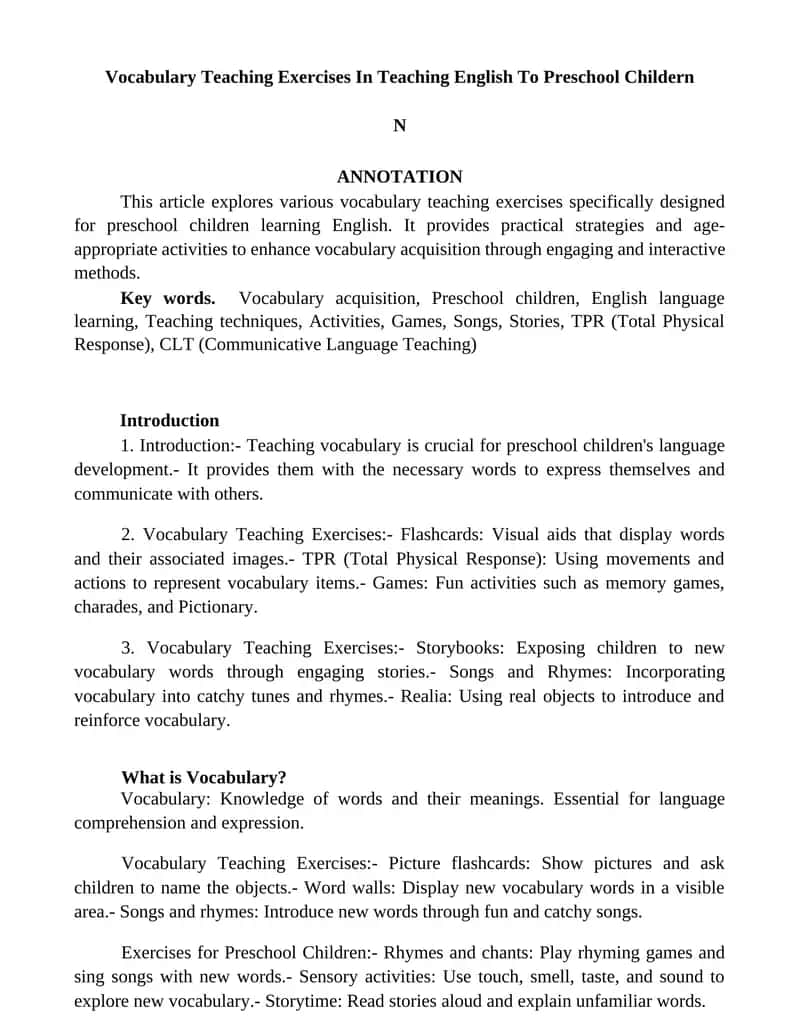 Vocabulary Teaching Exercises In Teaching English To Preschool Childern 1