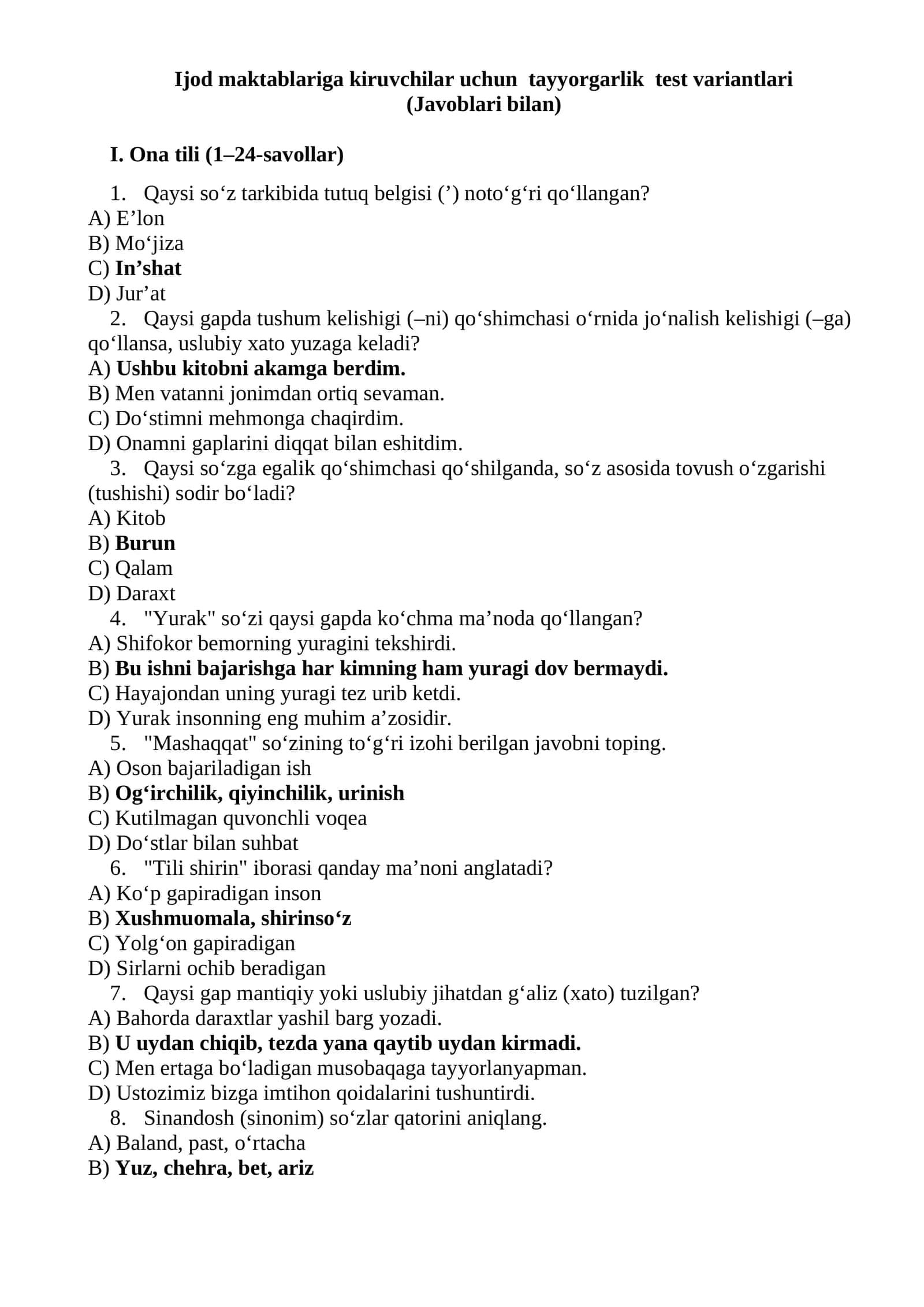 Ijod maktablariga kiruvchilar uchun tayyorgarlik test variantlari II-variantlari (Javoblari bilan) 1