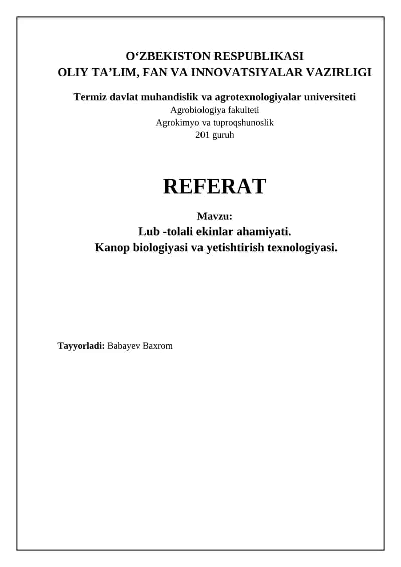 Kanop biologiyasi va yetishtirish texnologiyasi 1