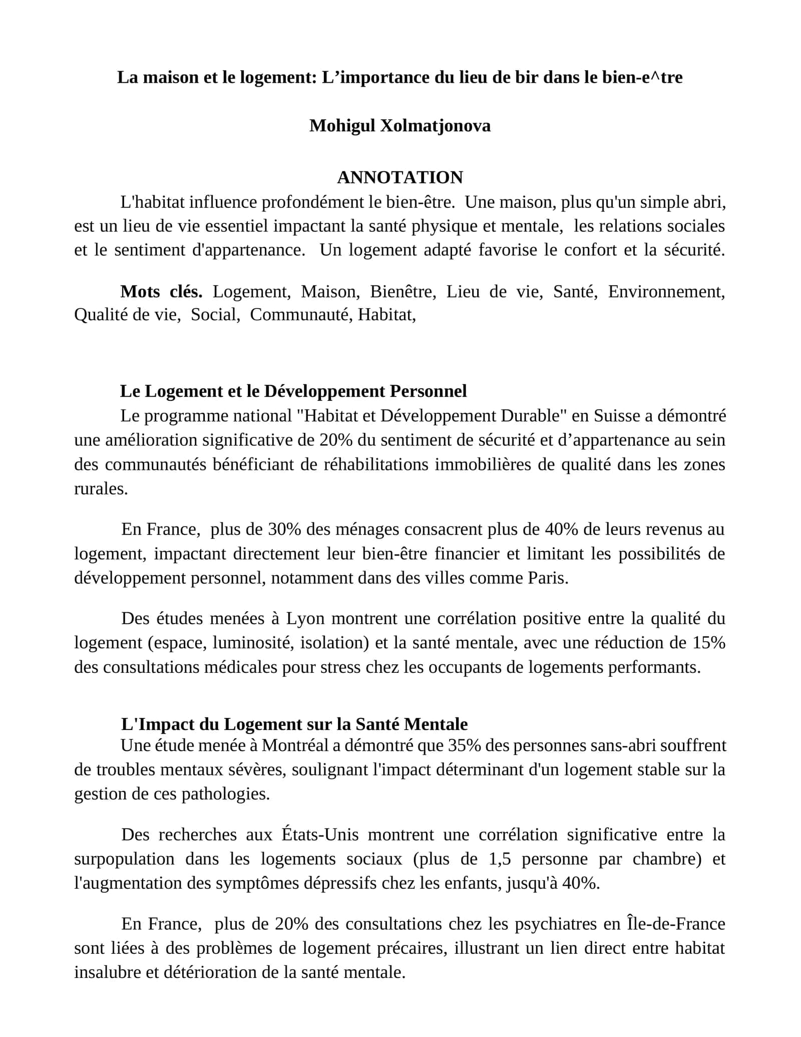 La maison et le logement: Lʼimportance du lieu de bir dans le bien-e^tre 1