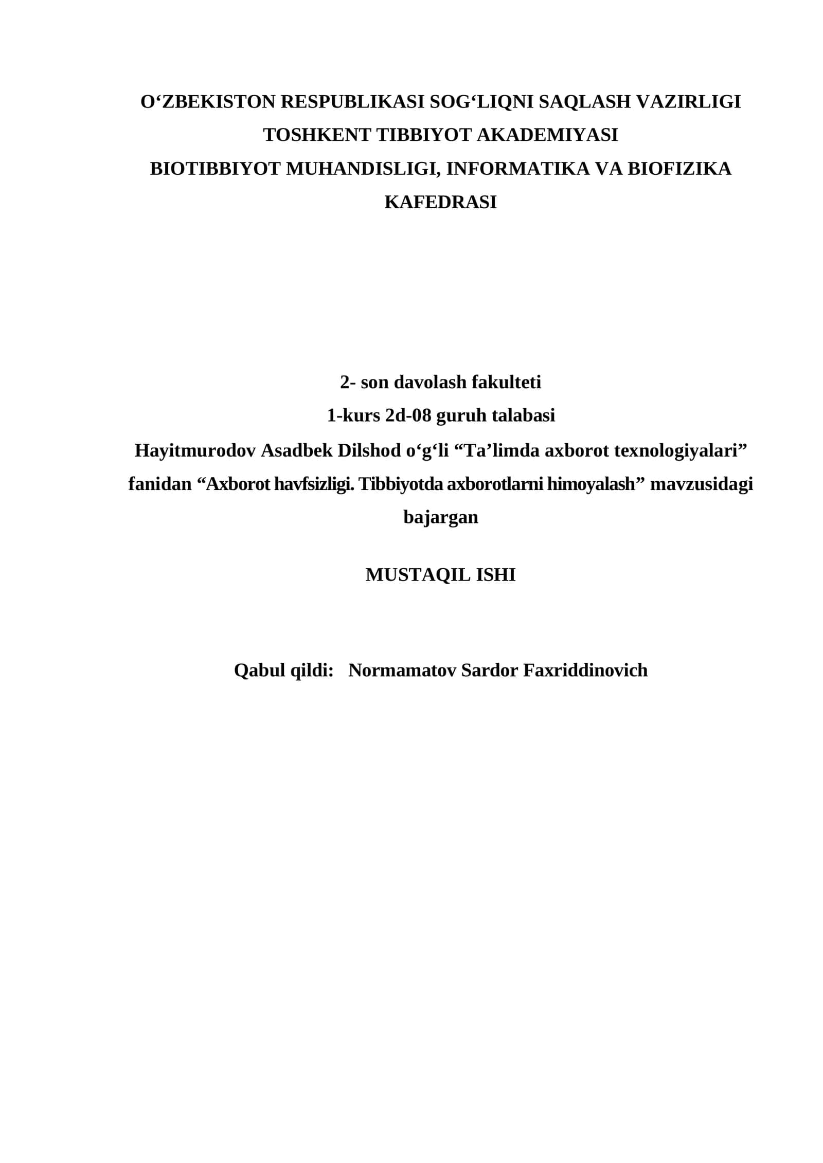 Axborot havfsizligi. Tibbiyotda axborotlarni himoyalash 1