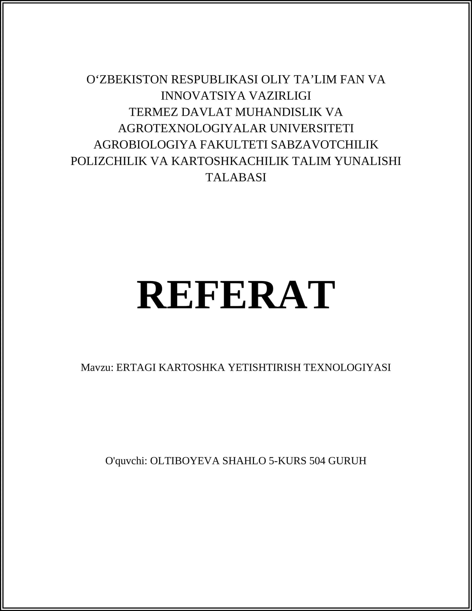 ERTAGI KARTOSHKA YETISHTIRISH TEXNOLOGIYASI 1