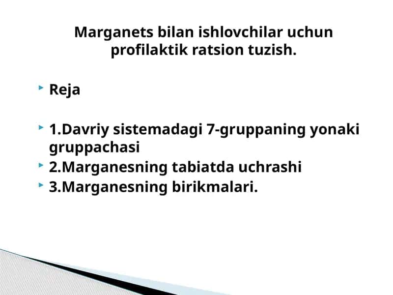 Marganets bilan ishlovchilar uchun profilaktik ratsion tuzish 1