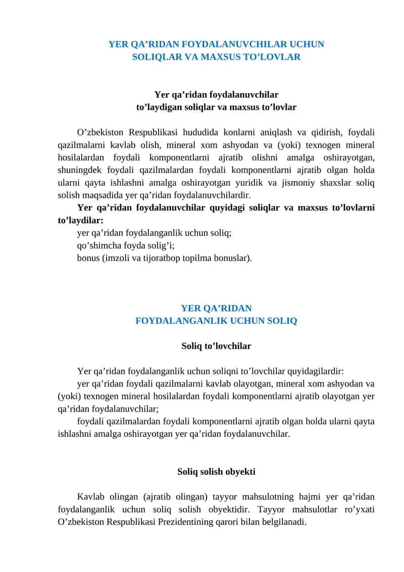 Yer qa’ridan foydalanuvchilar uchun soliqlar va maxsus to’lovlar 1
