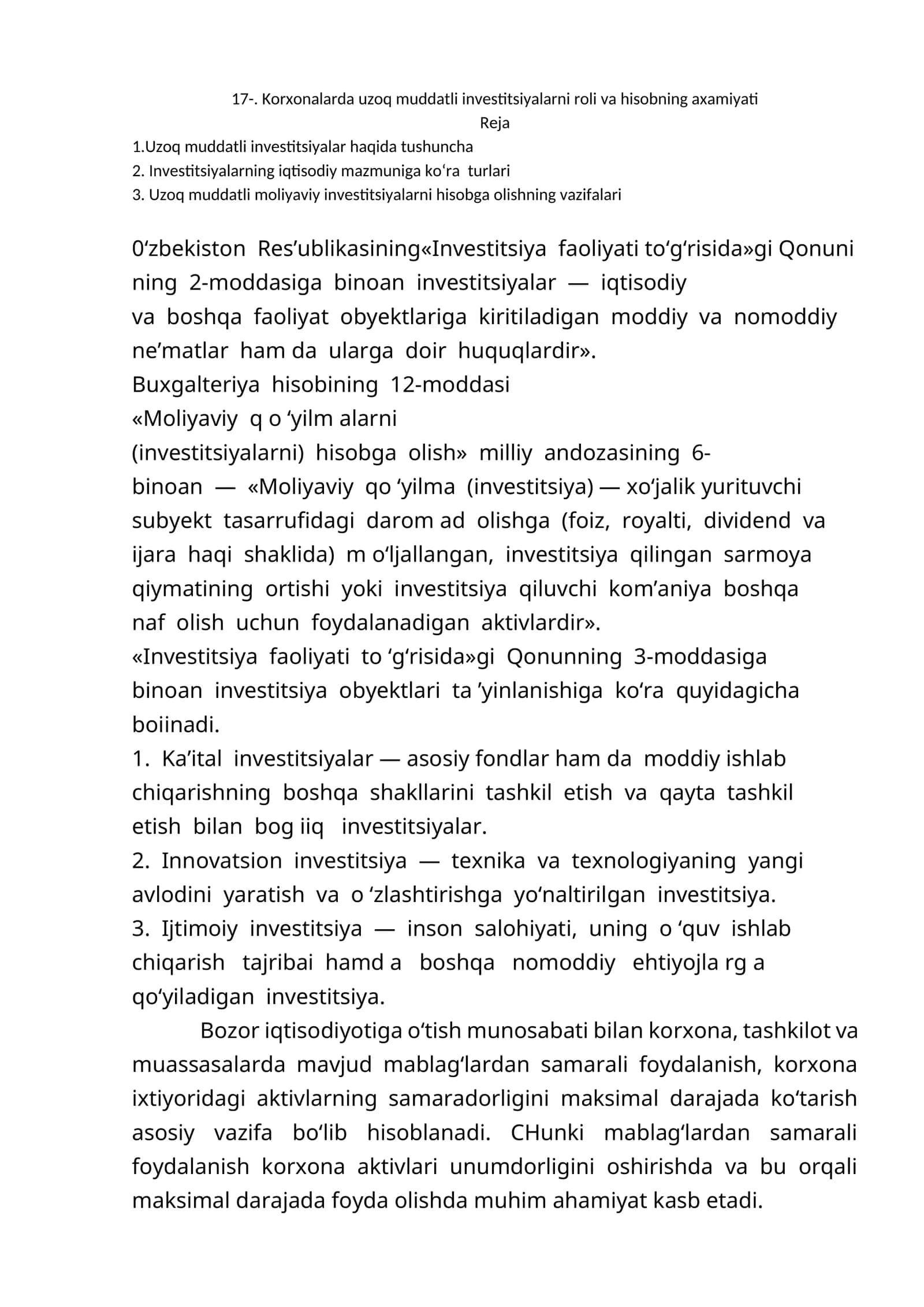 Korxonalarda uzoq muddatli investitsiyalarni roli va hisobning axamiyati 1