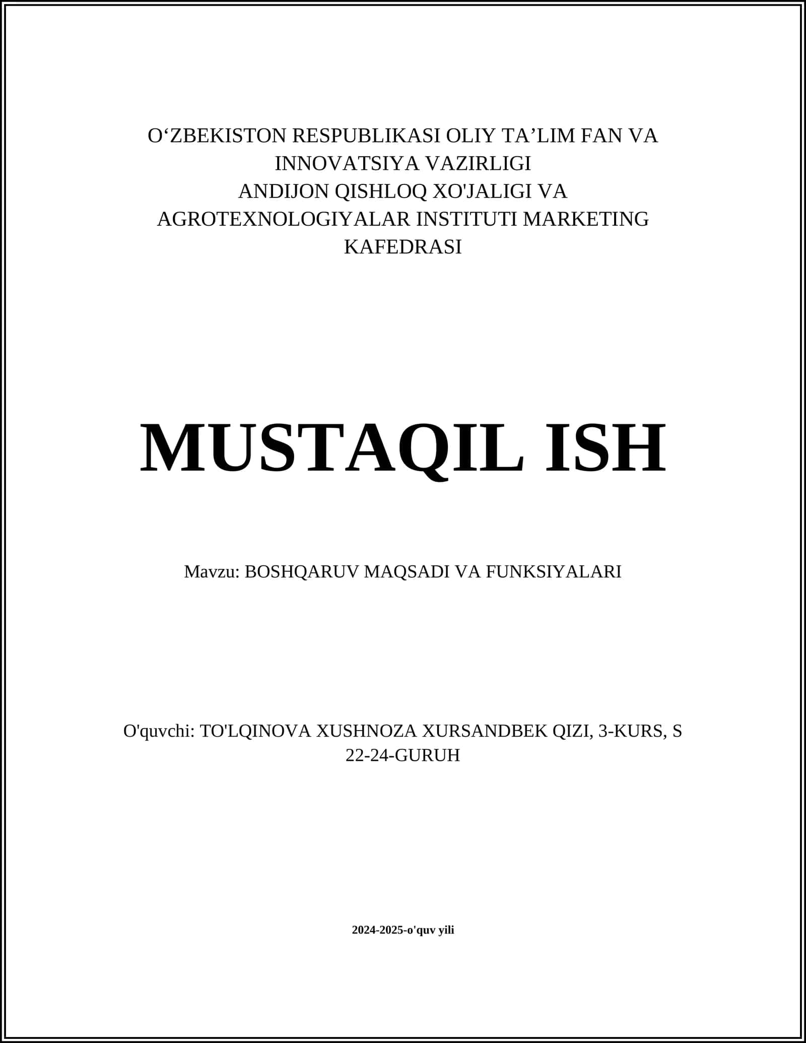 BOSHQARUV MAQSADI VA FUNKSIYALARI 1