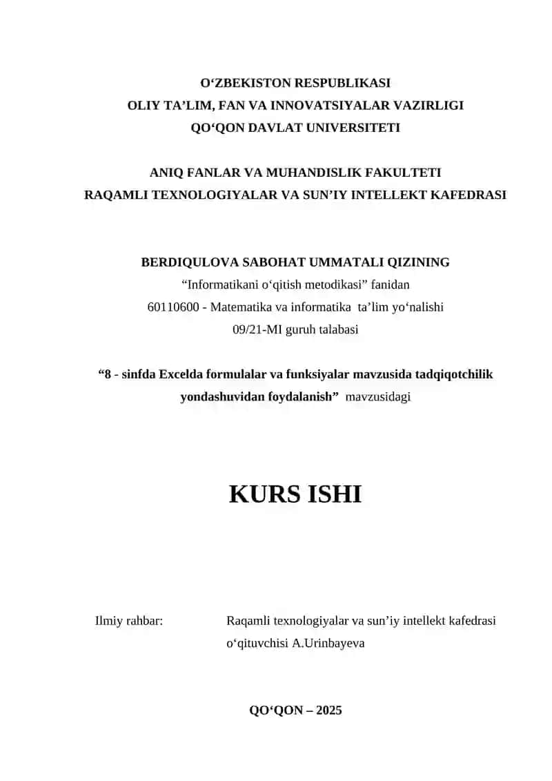 "8 - sinfda Excelda formulalar va funksiyalar" 1