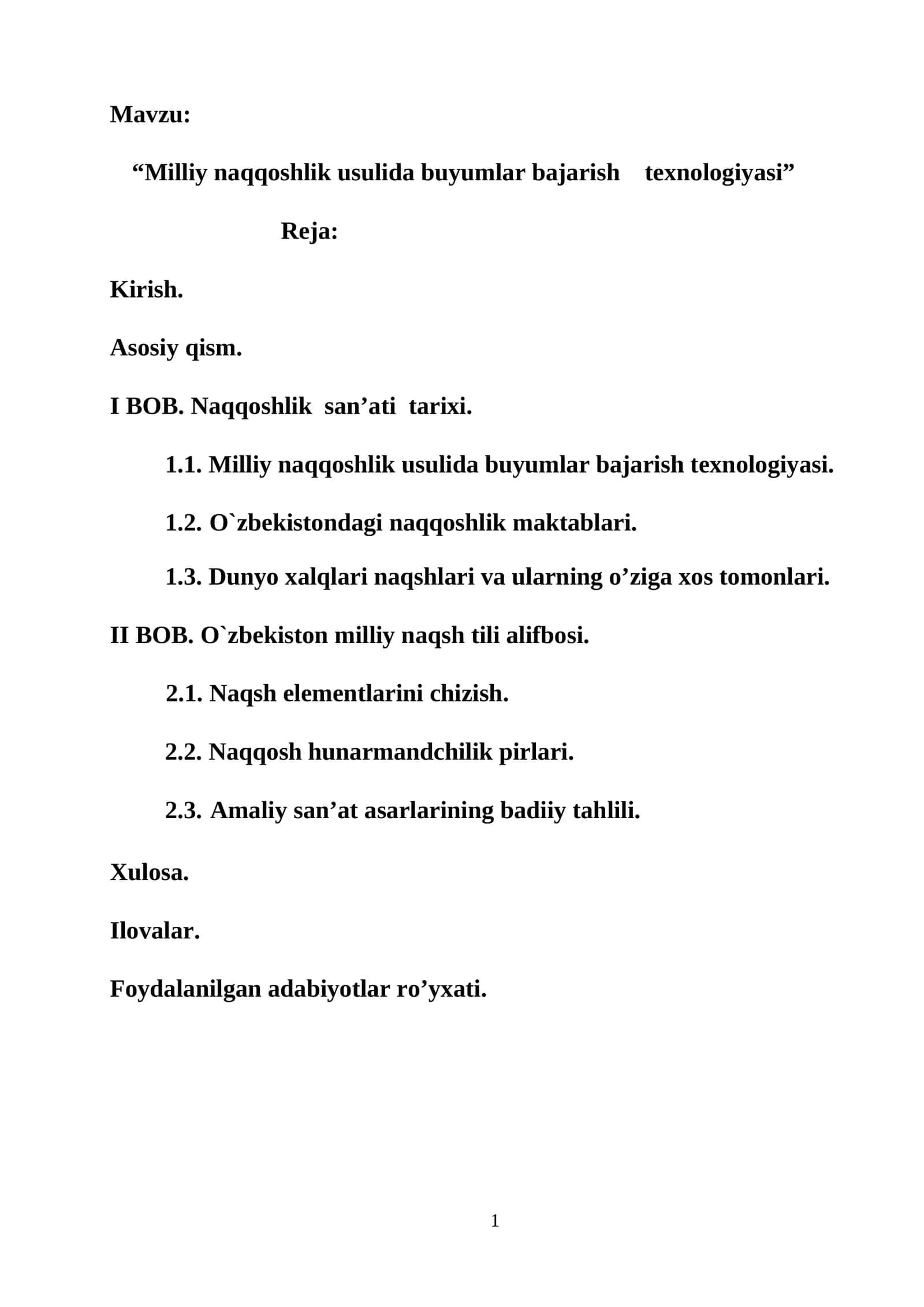 Milliy naqqoshlik usulida buyumlar bajarish texnologiyasi.docx Bitiruv malakaviy ishi. Kurs ishi 1