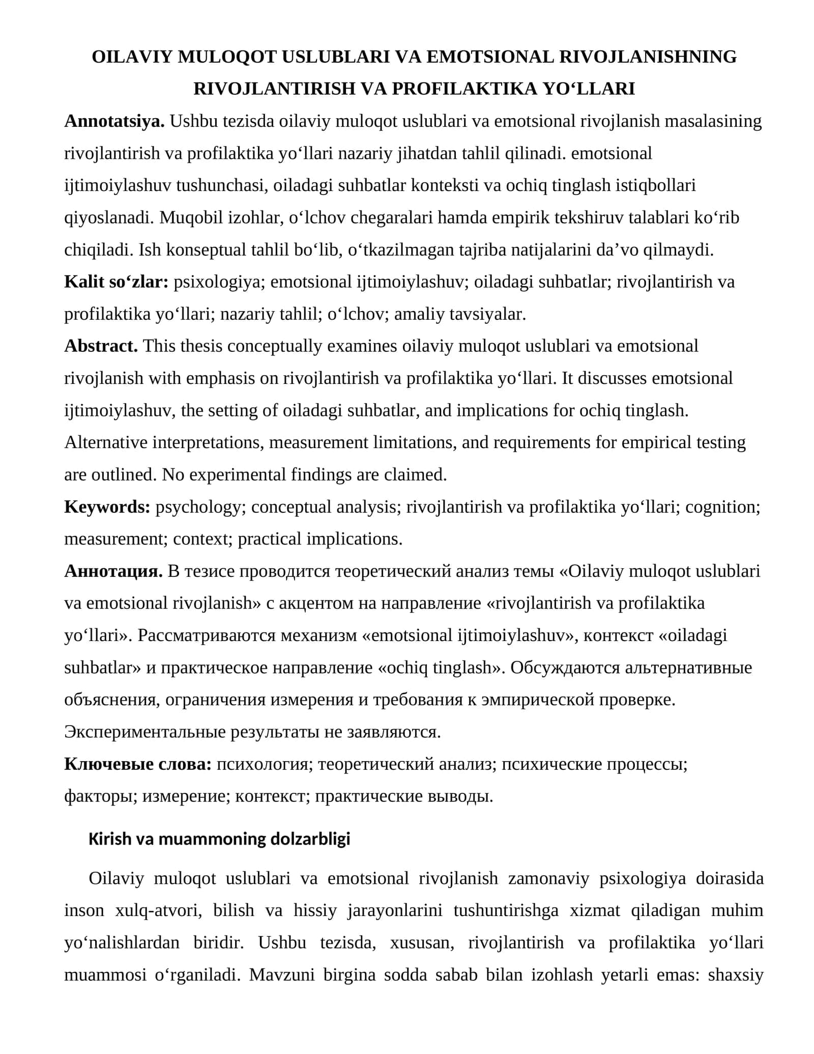 OILAVIY MULOQOT USLUBLARI VA EMOTSIONAL RIVOJLANISHNING RIVOJLANTIRISH VA PROFILAKTIKA YO‘LLARI 1