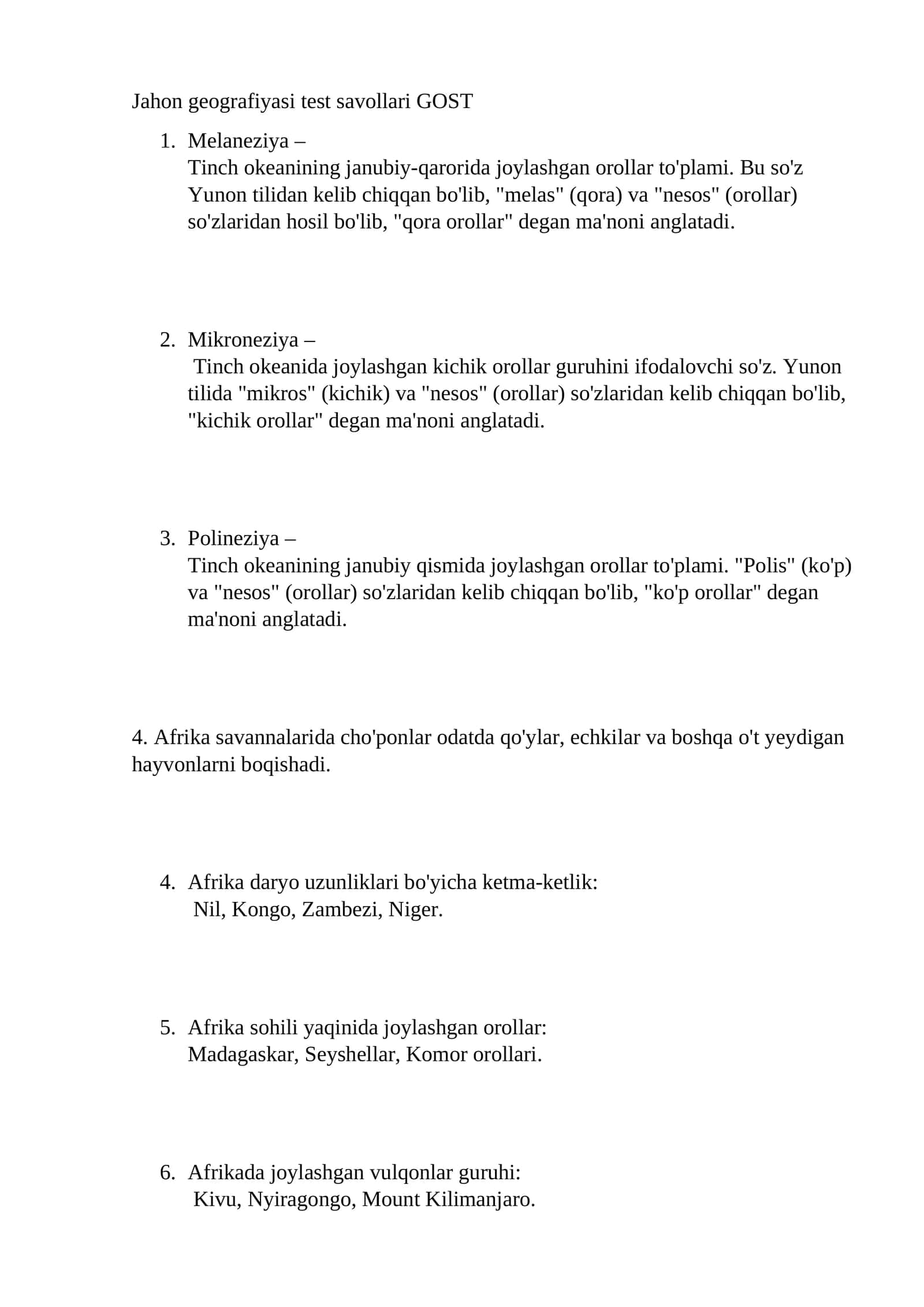 Jahon geografiyasi test savollari GOST 1