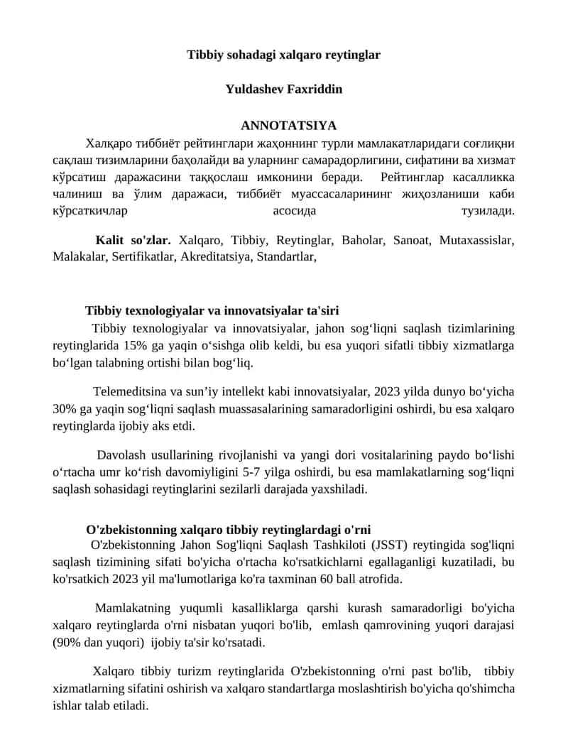 Tibbiy sohadagi xalqaro reytinglar 1