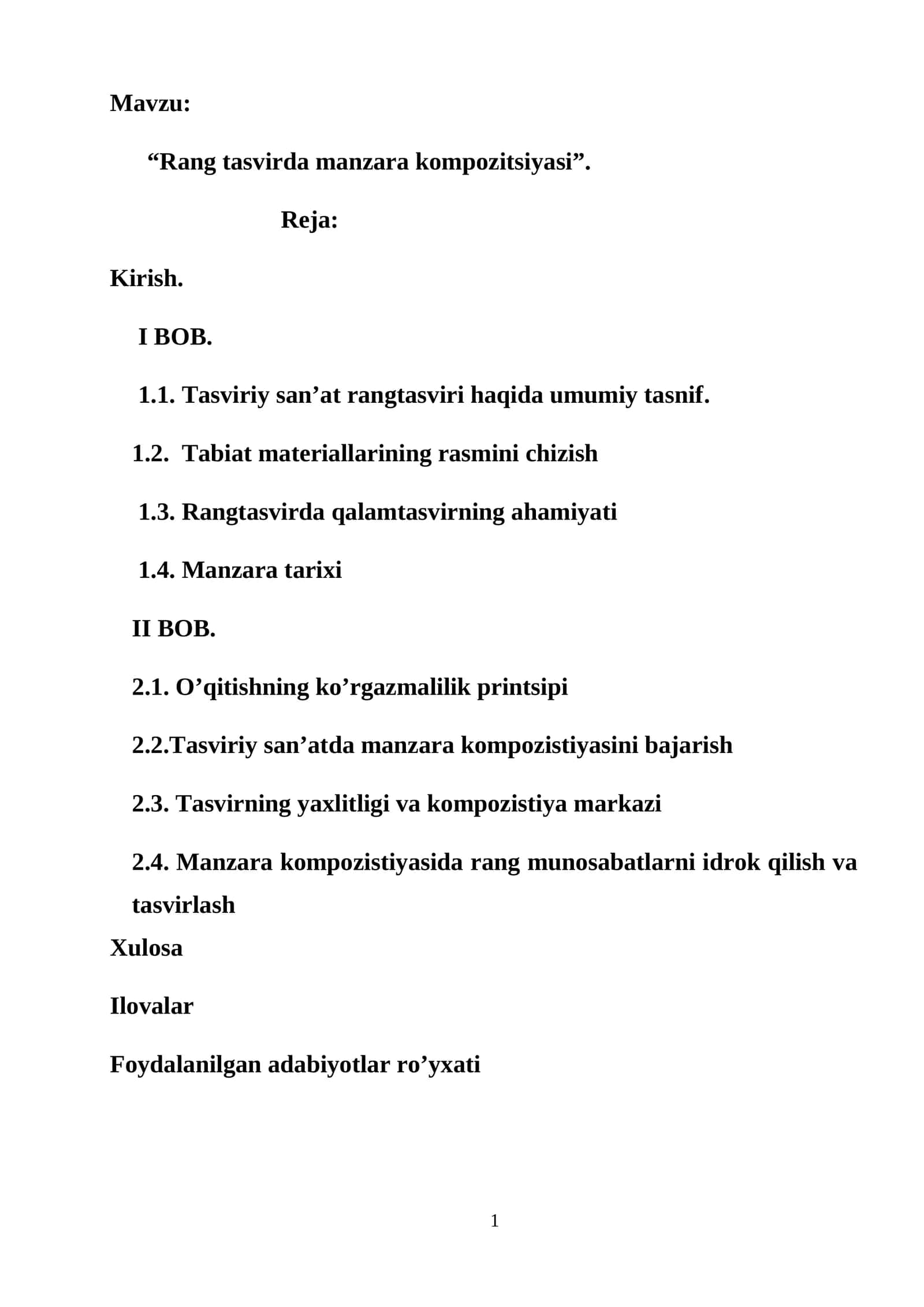 Rang tasvirda manzara kompozitsiyasi. Bitiruv malakaviy ishi. Kurs ishi 1