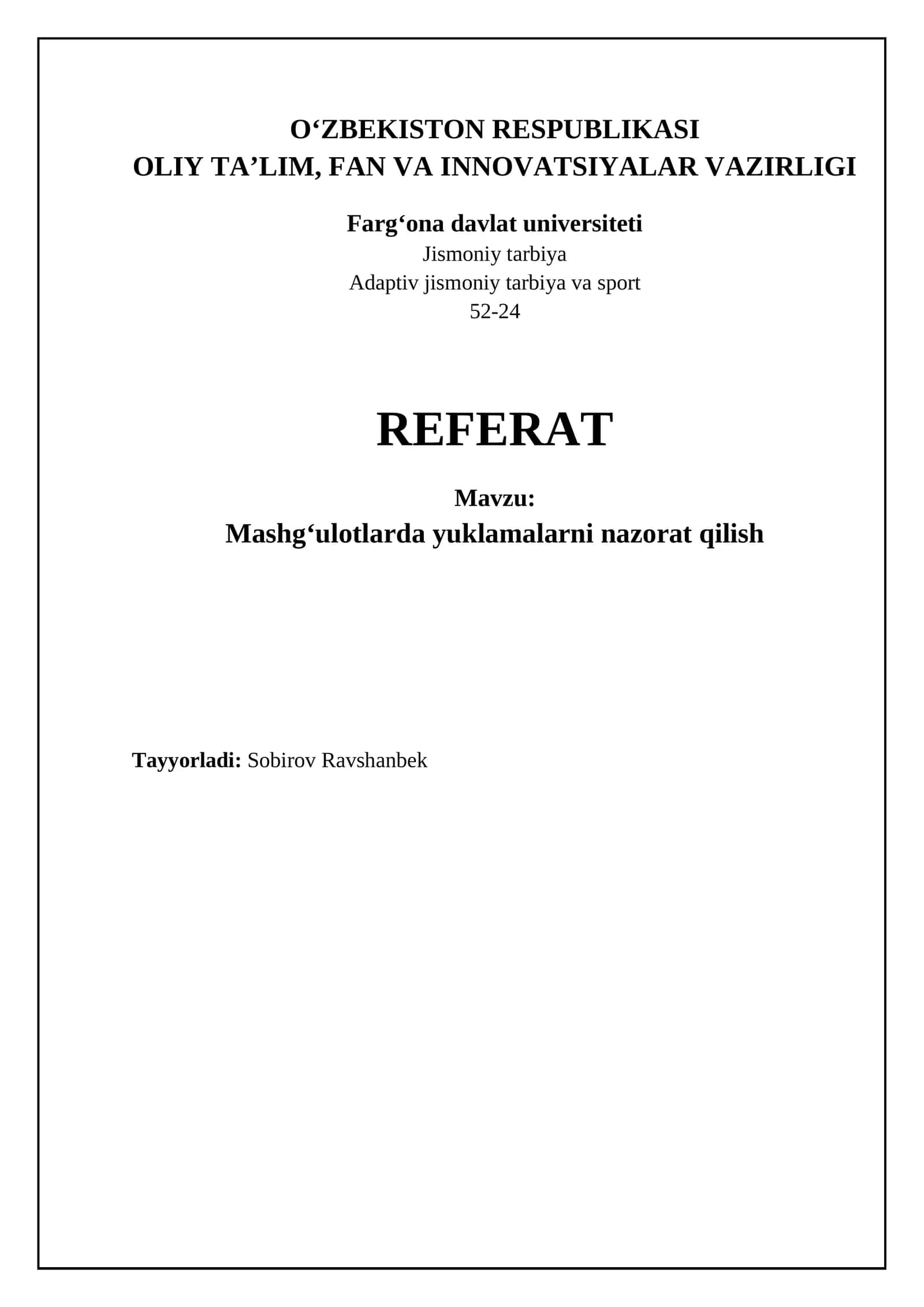 REFERAT: Mashgʻulotlarda yuklamalarni nazorat qilish 1
