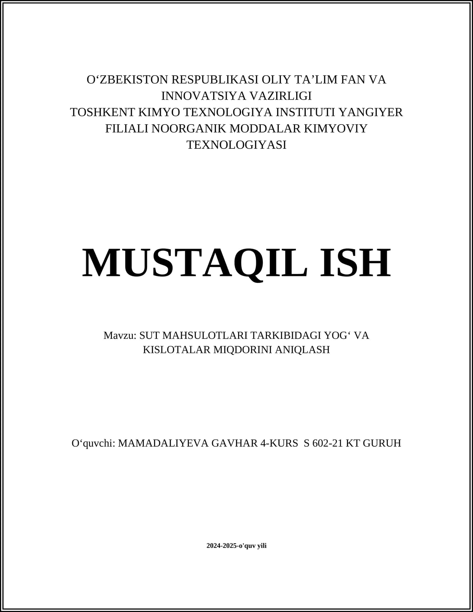 SUT MAHSULOTLARI TARKIBIDAGI YOGʻ VA KISLOTALAR MIQDORINI ANIQLASH 1
