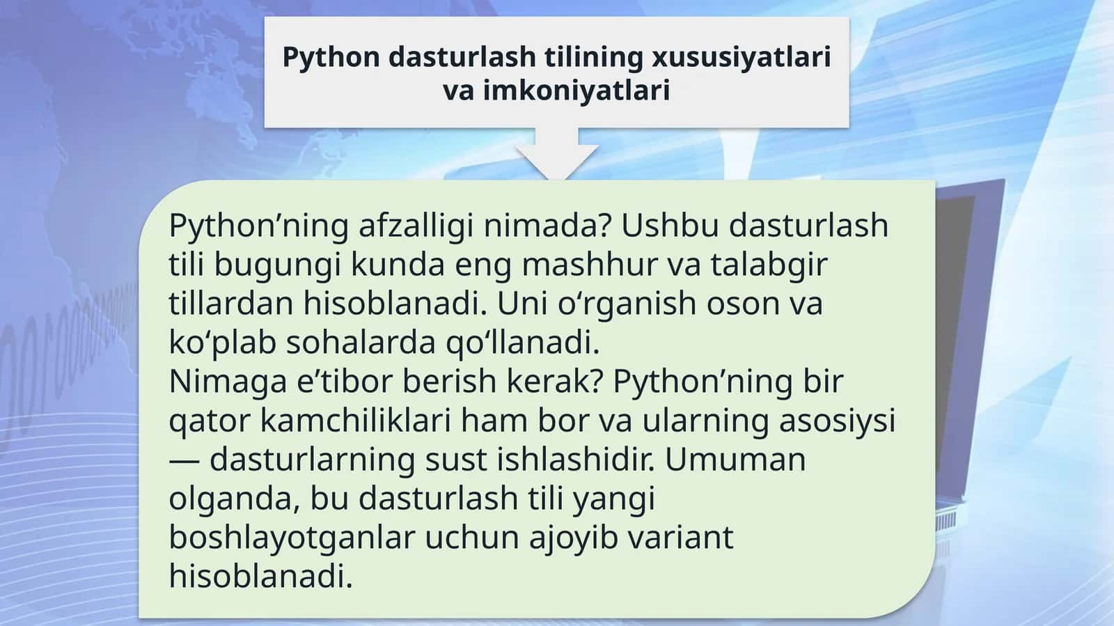 Python dasturlash tilining xususiyatlari va imkoniyatlari 1