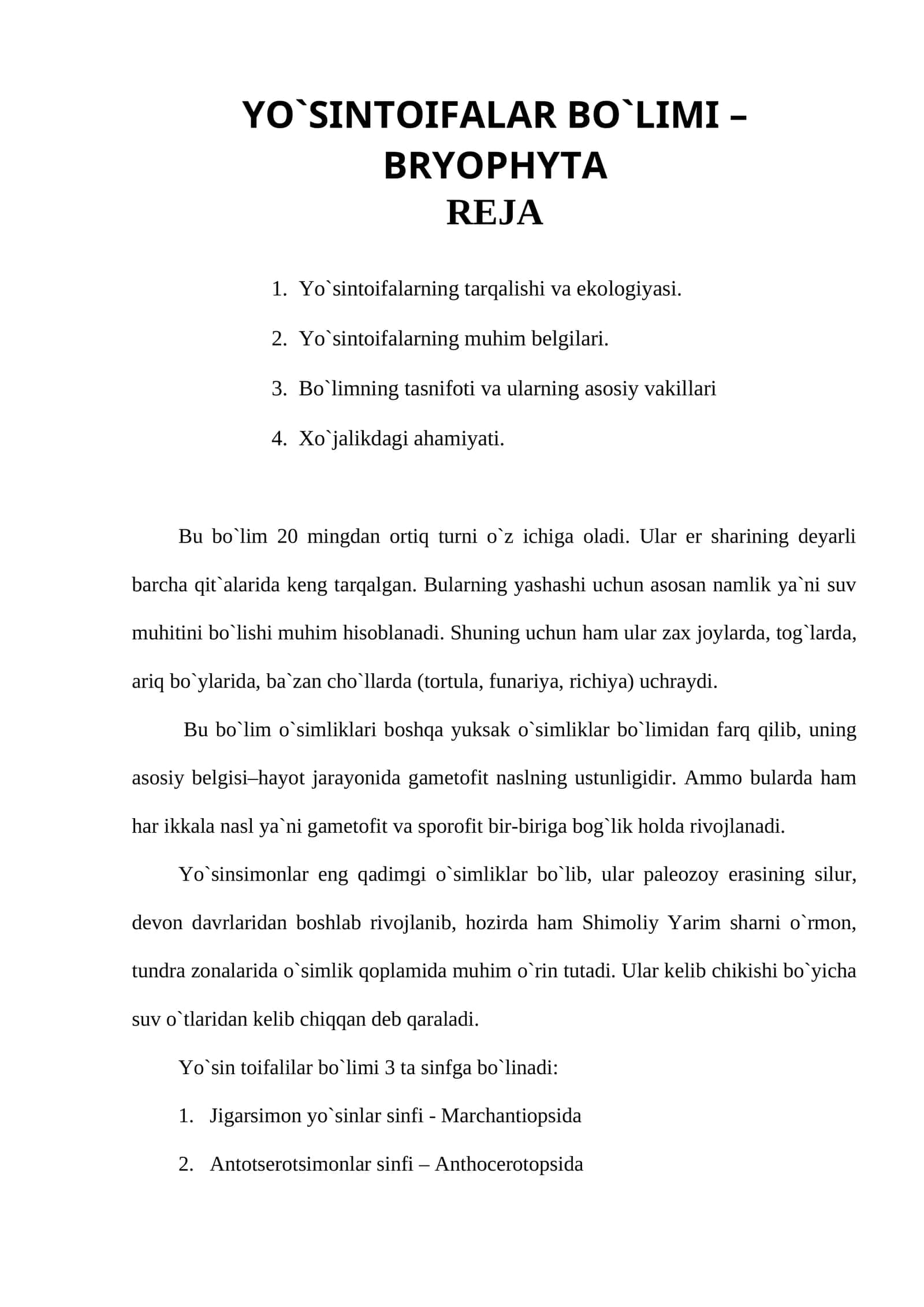 Yo`sintoifalar bo`limi – Bryophyta 1