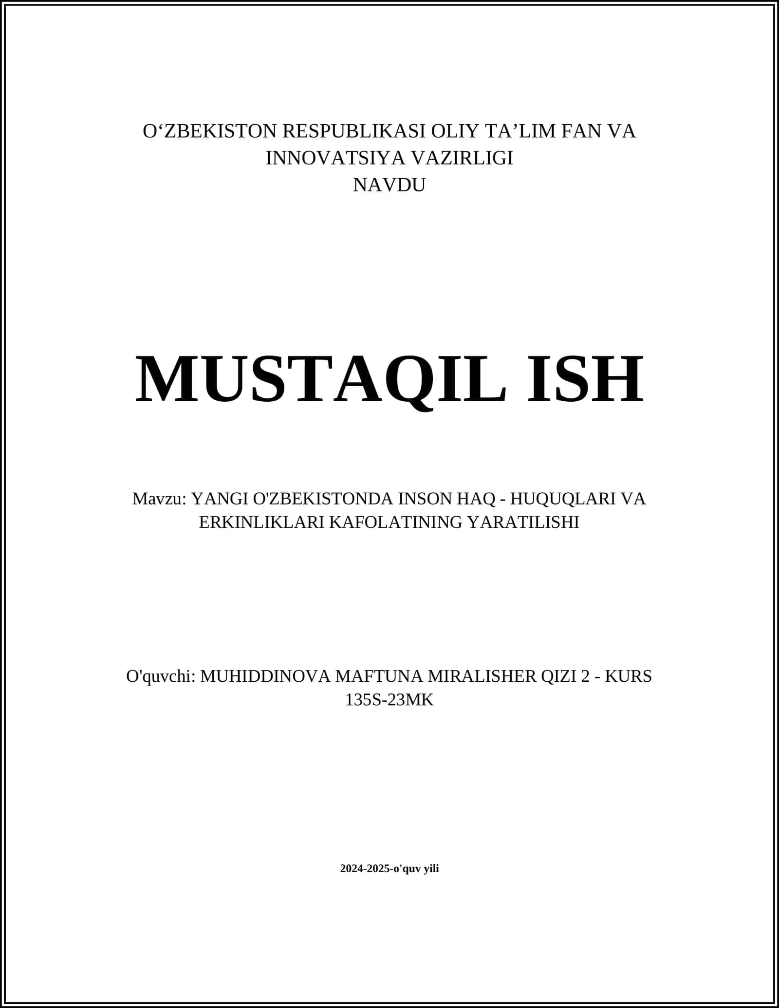 YANGI O'ZBEKISTONDA INSON HAQ - HUQUQLARI VA ERKINLIKLARI KAFOLATINING YARATILISHI 1