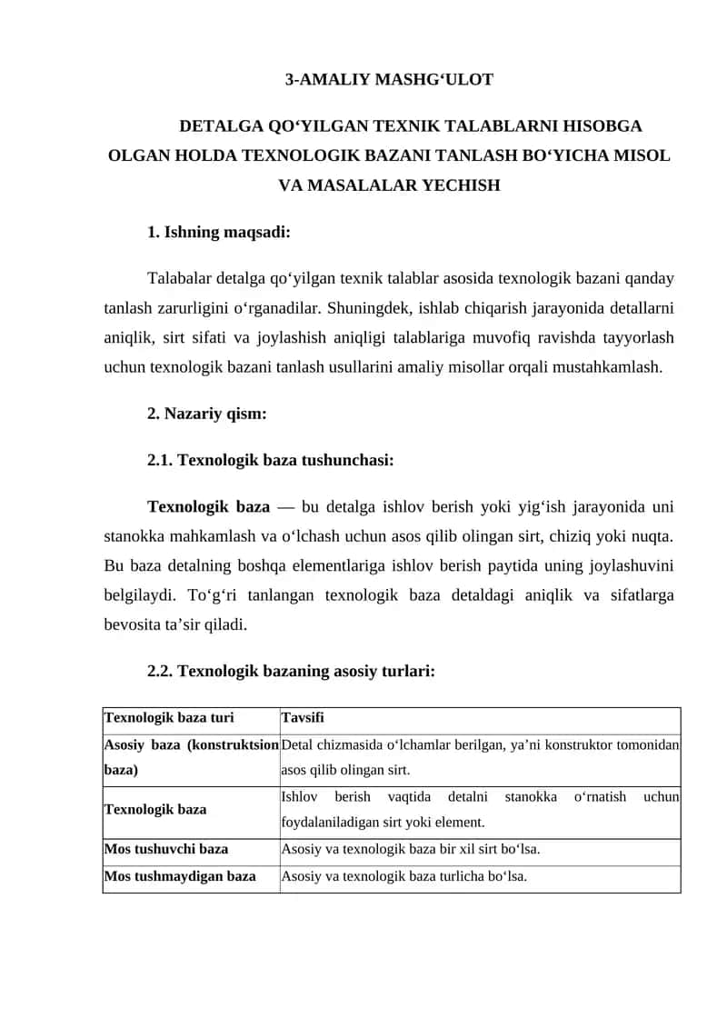 Texnologik baza tanlash 1