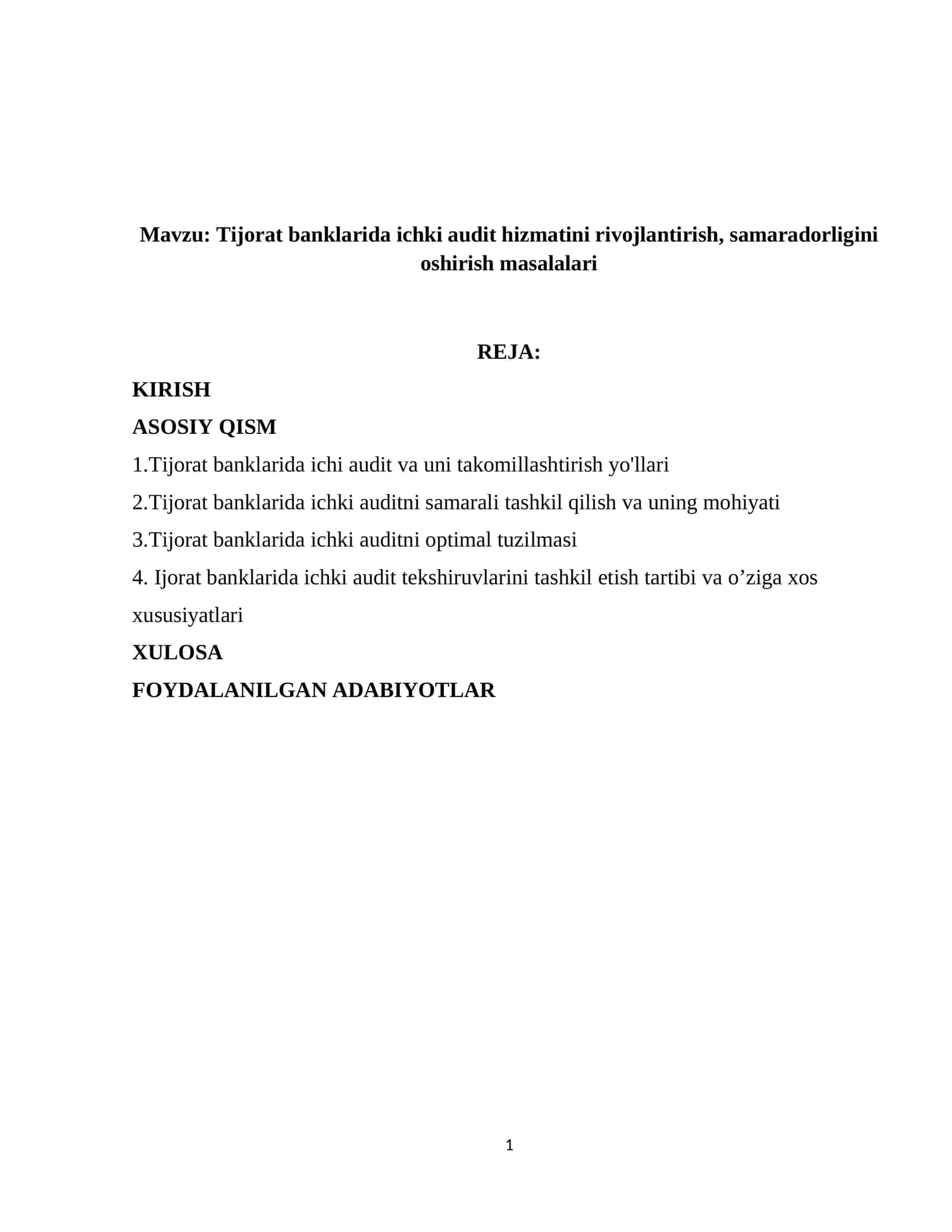 Tijorat banklarida ichki audit hizmatini rivojlantirish, samaradorligini oshirish masalalari 1