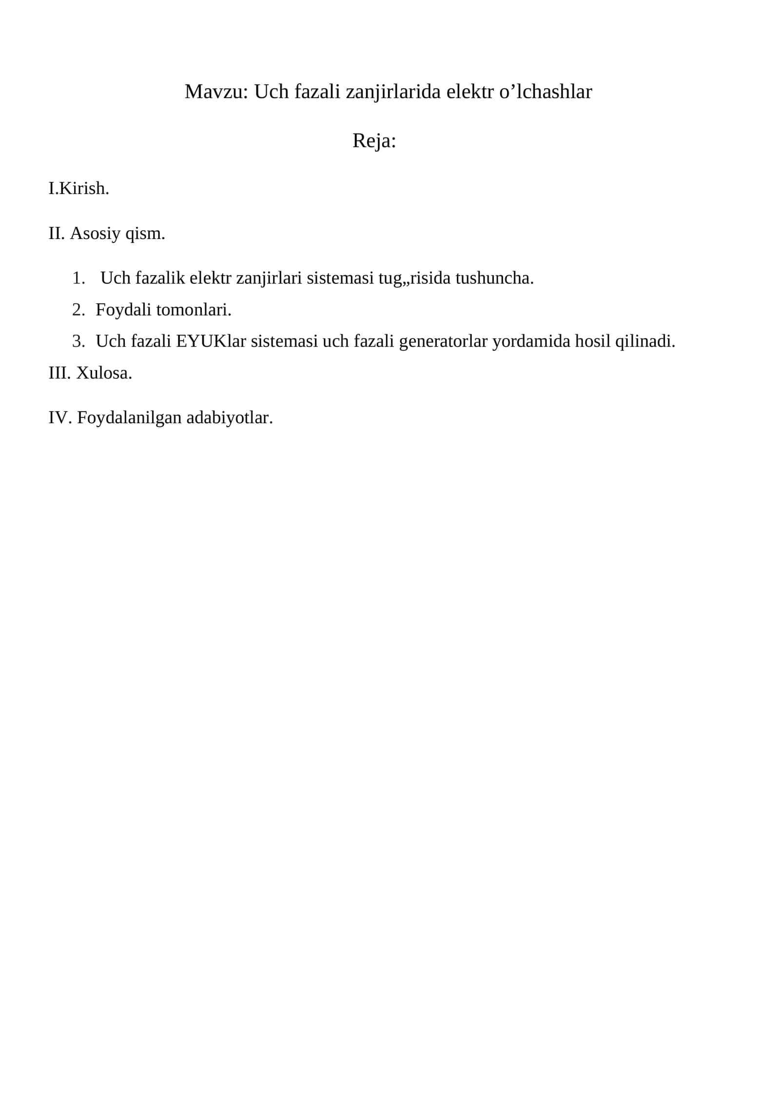 Uch fazali zanjirlarida elektr o’lchashlar 1