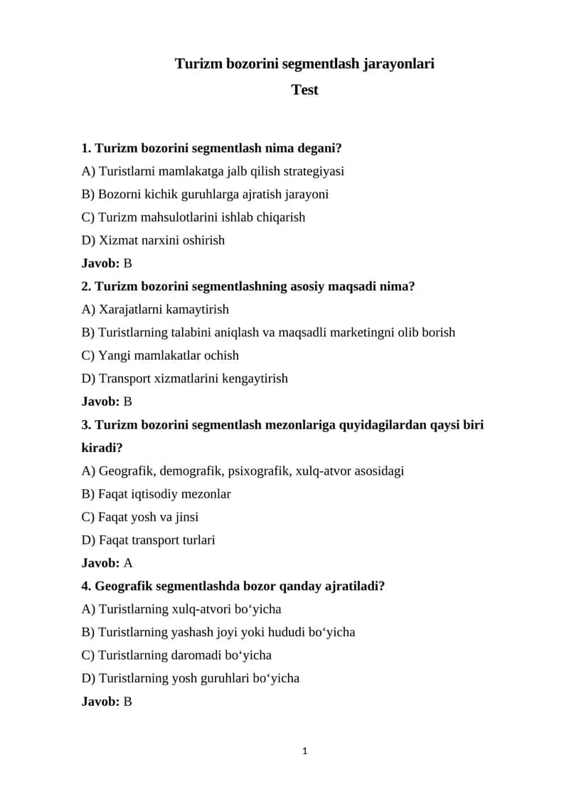 Turizm bozorini segmentlash jarayonlari 1