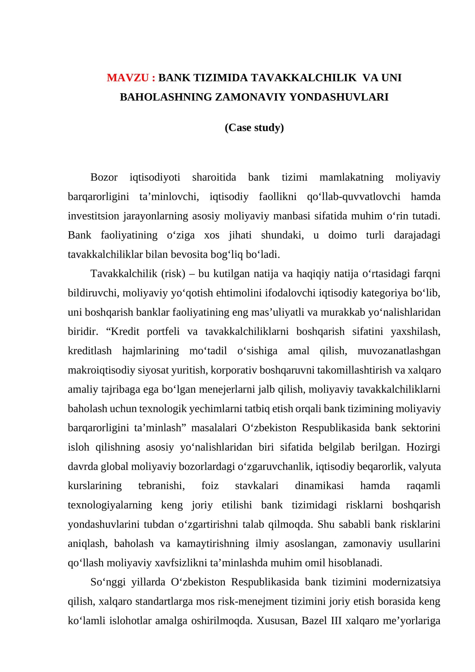 BANK TIZIMIDA TAVAKKALCHILIK VA UNI BAHOLASHNING ZAMONAVIY YONDASHUVLARI 1