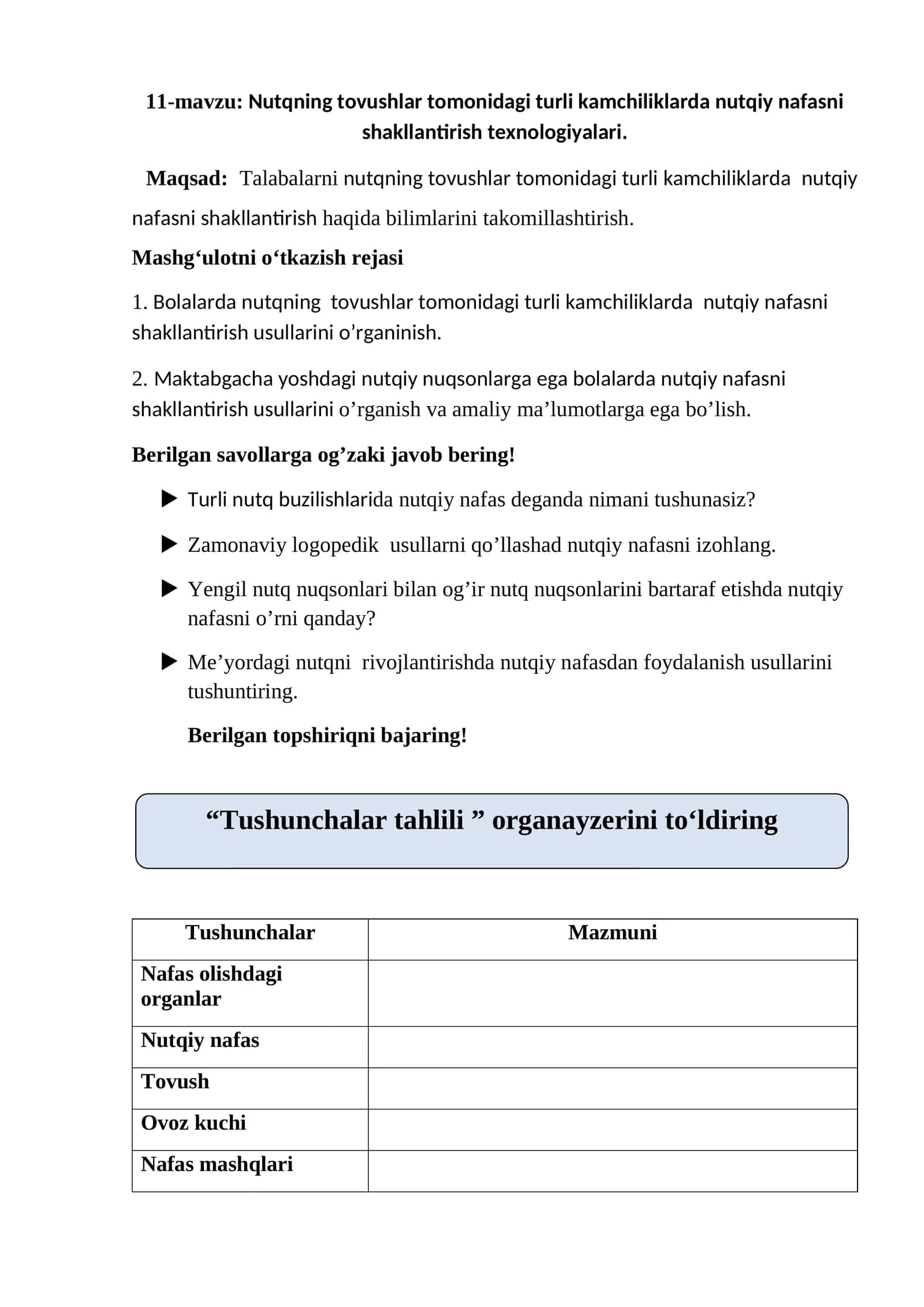 11-mavzu: Nutqning tovushlar tomonidagi turli kamchiliklarda nutqiy nafasni shakllantirish texnologiyalari 1
